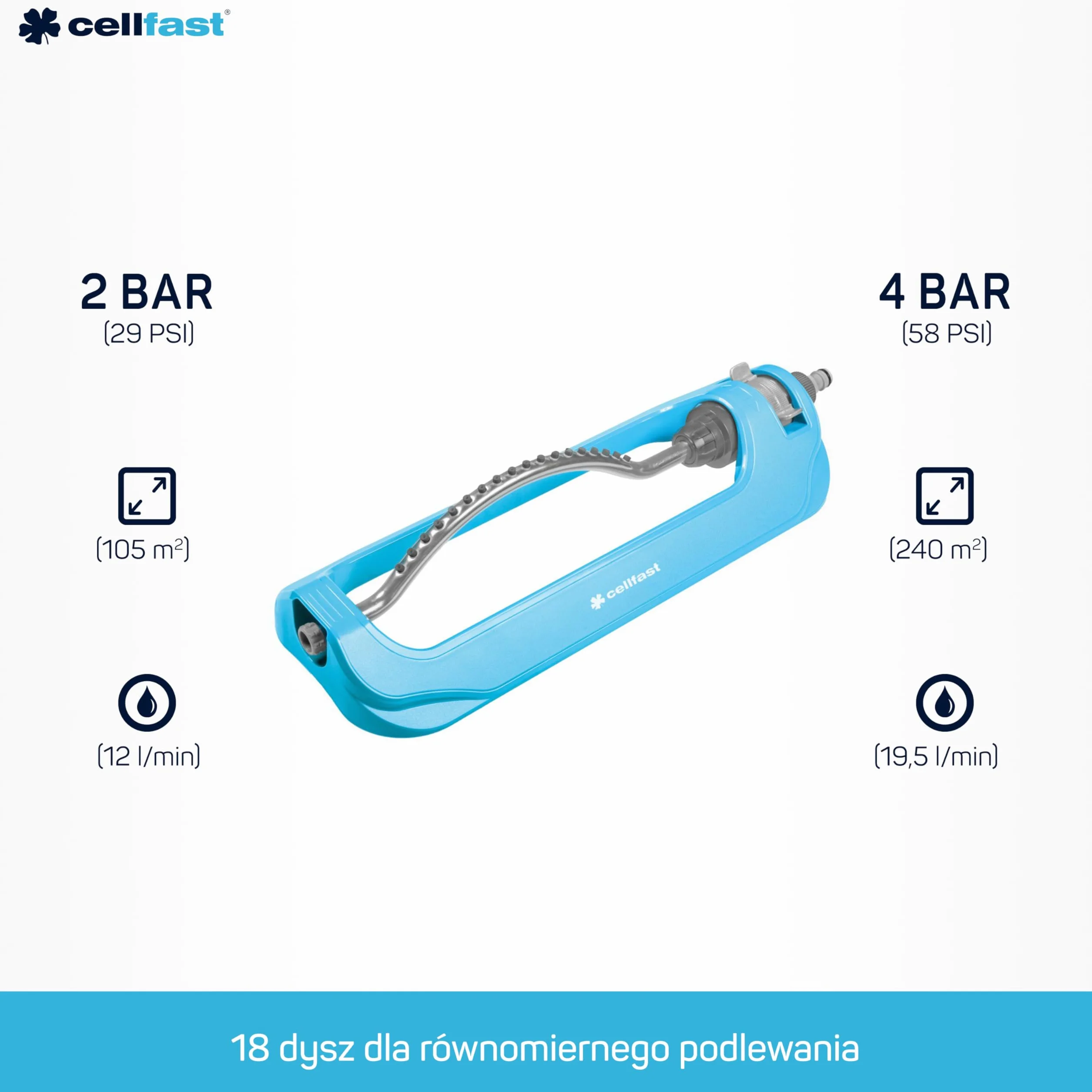 CELLFAST Zraszacz Wahadłowy Zraszacz Ogrodowy Do Trawnika Kwiatów Roślin 18 Dysz Wylotowych Turbo Ideal