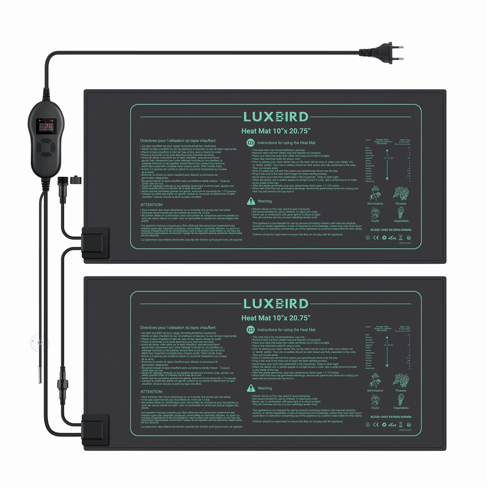 Luxbird Mata grzewcza z termostatem, 2 mat grzewczych z 1 kontrolerem, 30 W, sterowanie jeden do wielu, wodoszczelność IP67, 52,7 x 25,4 cm