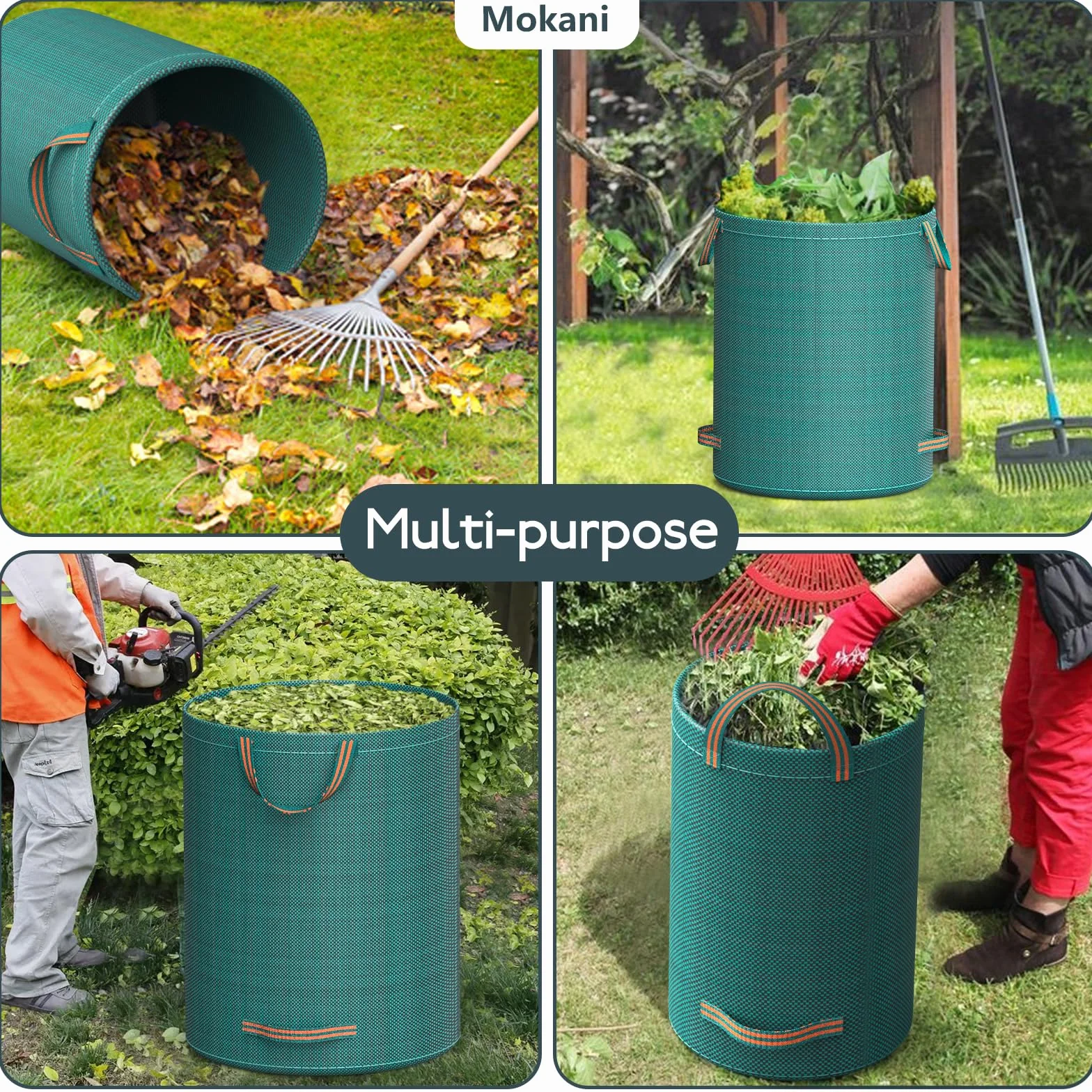 Mokani Worki na odpady ogrodowe, wytrzymałe, z uchwytami, 300 l x 3, wielokrotnego użytku, składane, kempingowe, do recyklingu, na liście, śmieci, gruz