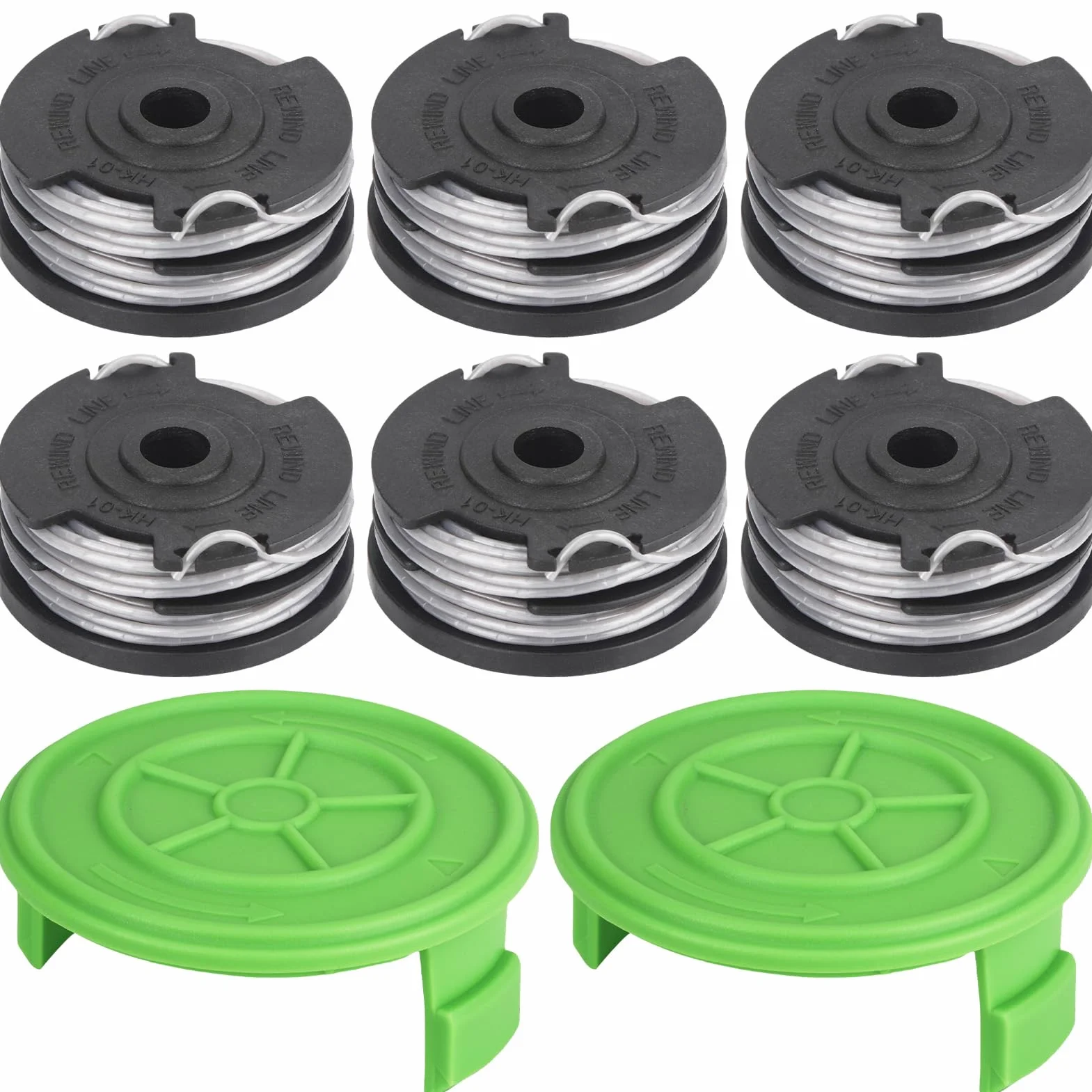Szpula z podwójną żyłką 29187 pasuje do podkaszarki Greenworks 40 V G40LT G40LTK2 G40LTK2x 2101507 2101507UA 2101507UC, zapasowa szpula żyłki 8,3 m długość Ø 1,65 mm (6 szpulek, 2 czapka)