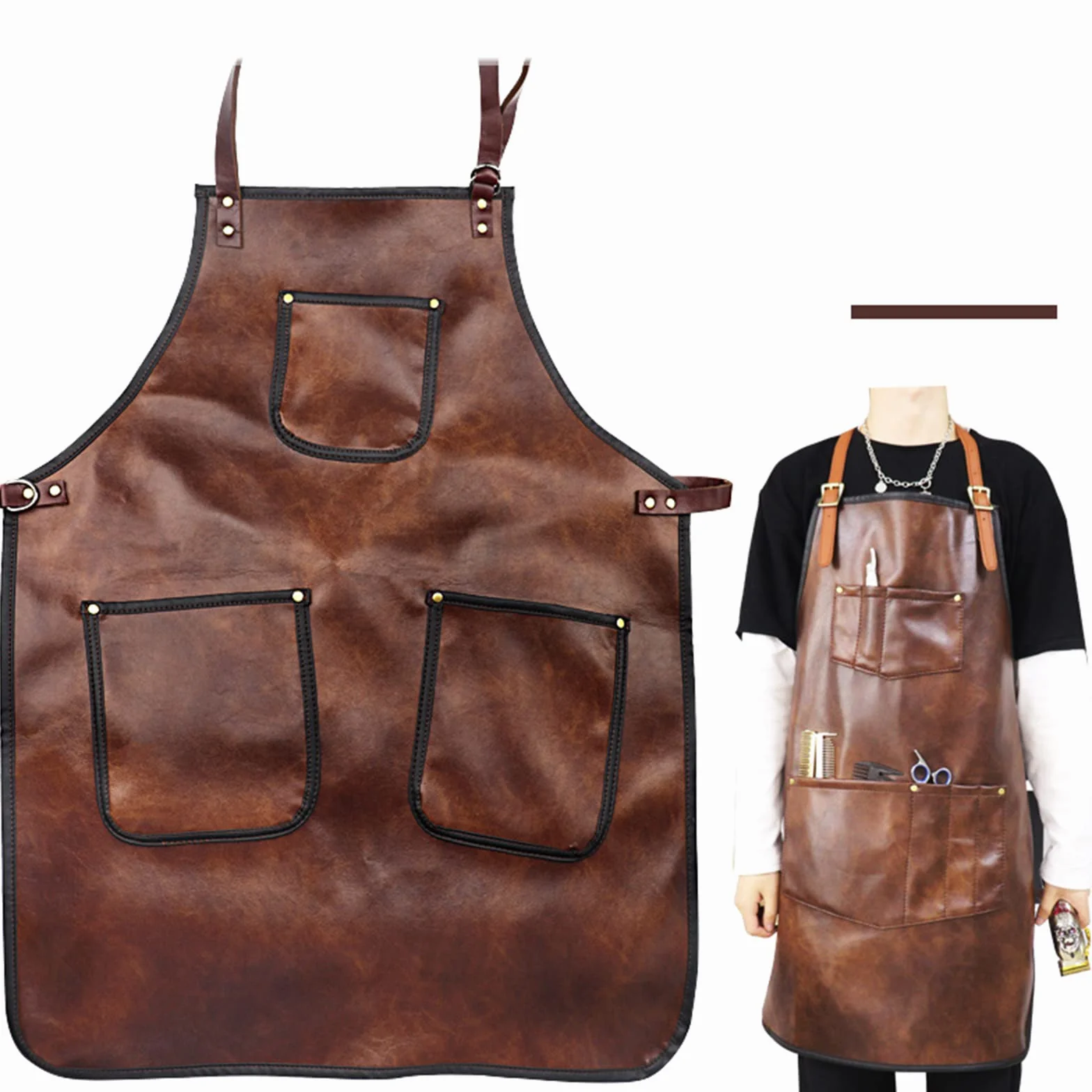 Szef Kuchni Fartuch Dla Mężczyzn i Kobiet - Wodoodporny PU Skórzany z Kieszeniami, Cross-Back Paski Do Kuchni, BBQ, Fryzjer, Barman, Handworking - Brązowy, B