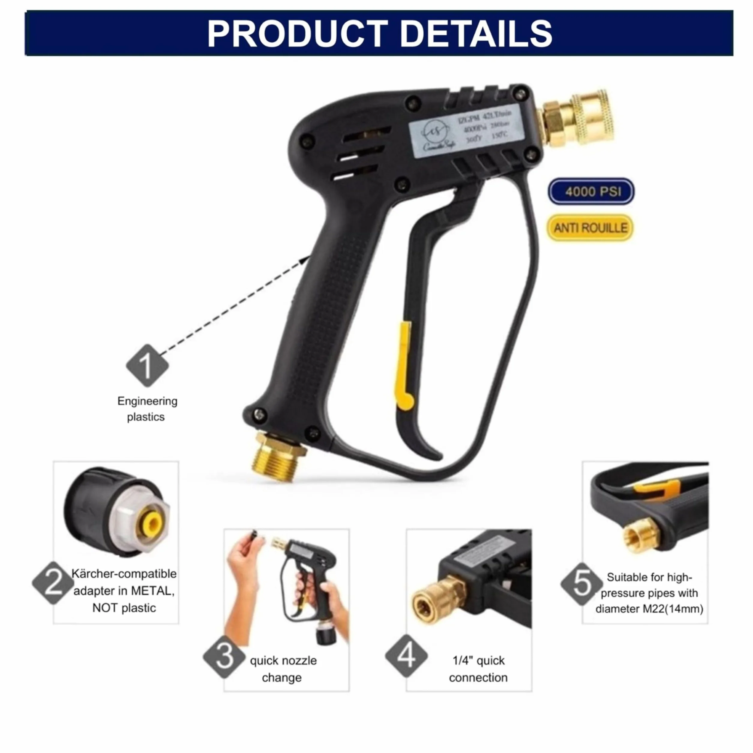 Pistolet do myjki wysokociśnieniowej 4000 PSI, M22 14mm, adapter Karcher K1-K7, 6 dysz, zestaw