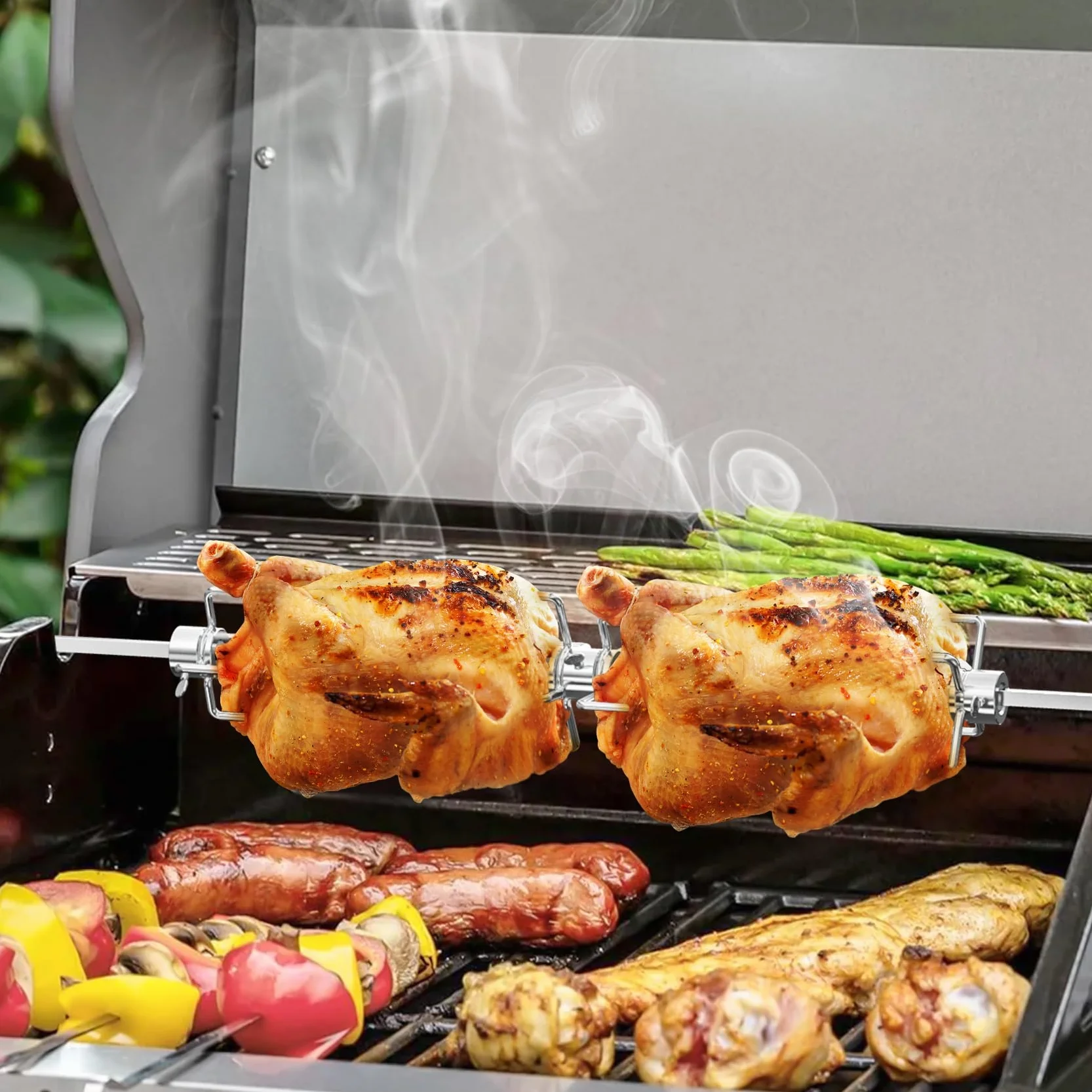 Onlyfire podwójna spinka do mięsa, szpikulce do rożna, rożen obrotowy do sześciokątnych 12 mm i 8 mm i kwadratowych szpikulców 10 mm, grill kurczaka widelec do grilla ze śrubą blokującą