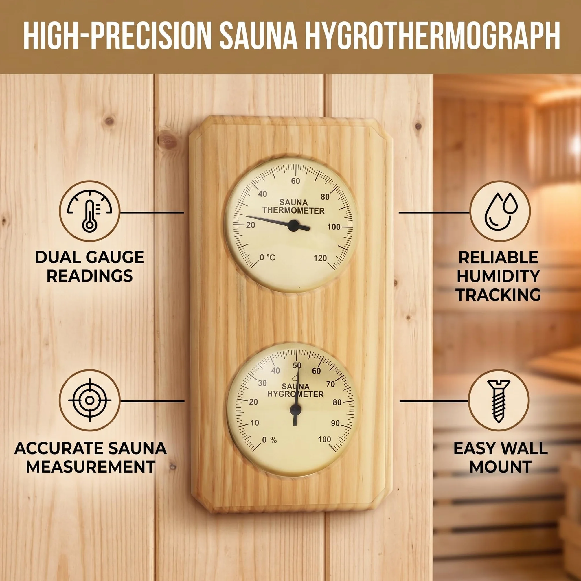 Termometr Sauna, Drewniany, Wysoka dokładność, Montowany na ścianie, od 0 do 100 Procent Wilgotności, od 0 do 120 Celsjusza Monitorowanie w Czasie Rzeczywistym, Drewno Sosny,