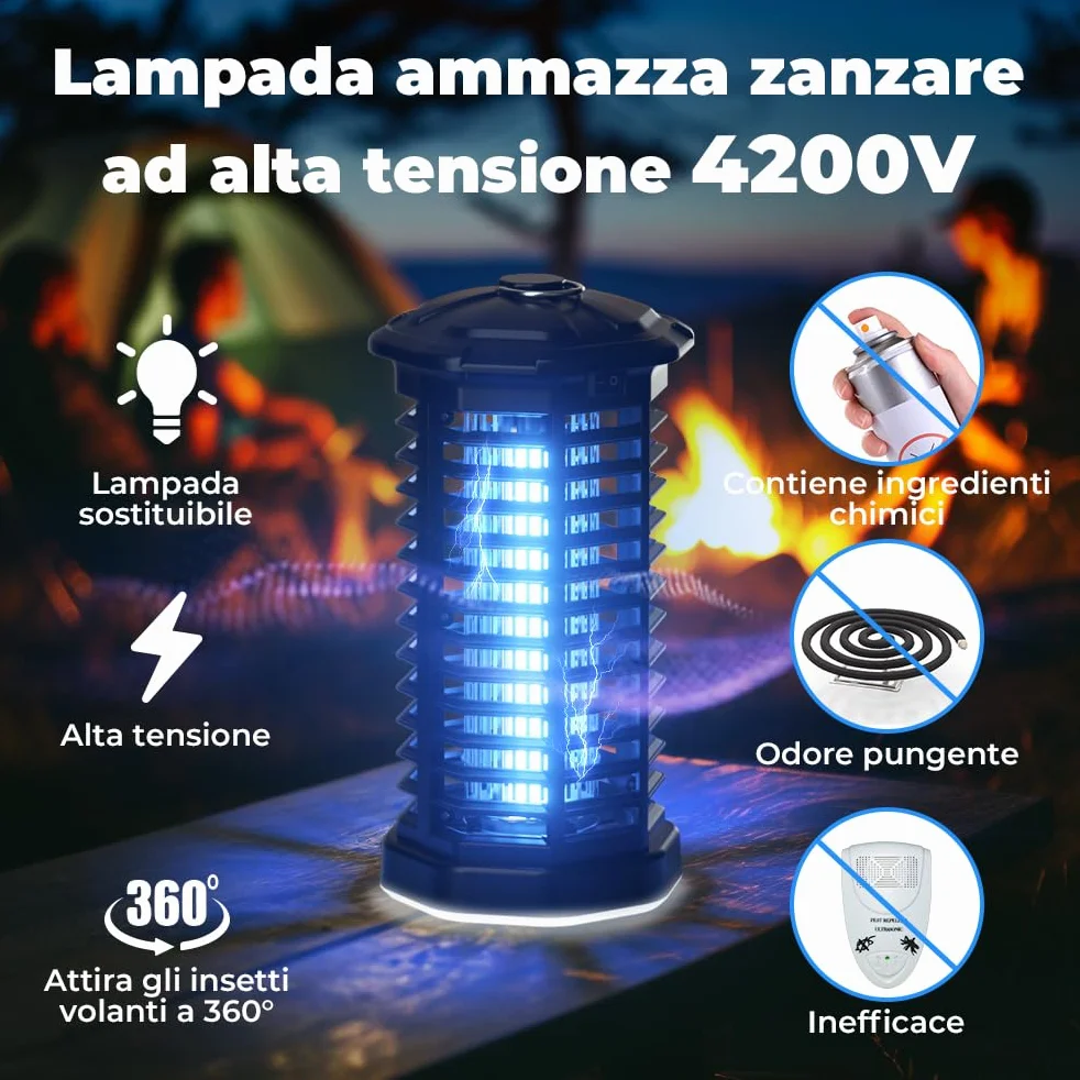 YISSVIC Elektryczna lampa przeciw komarom 4200 V UV wodoodporna elektryczna moskitiera IPX4, ochrona przed komarami do ogrodu, wewnątrz i na zewnątrz ze szczotką do czyszczenia