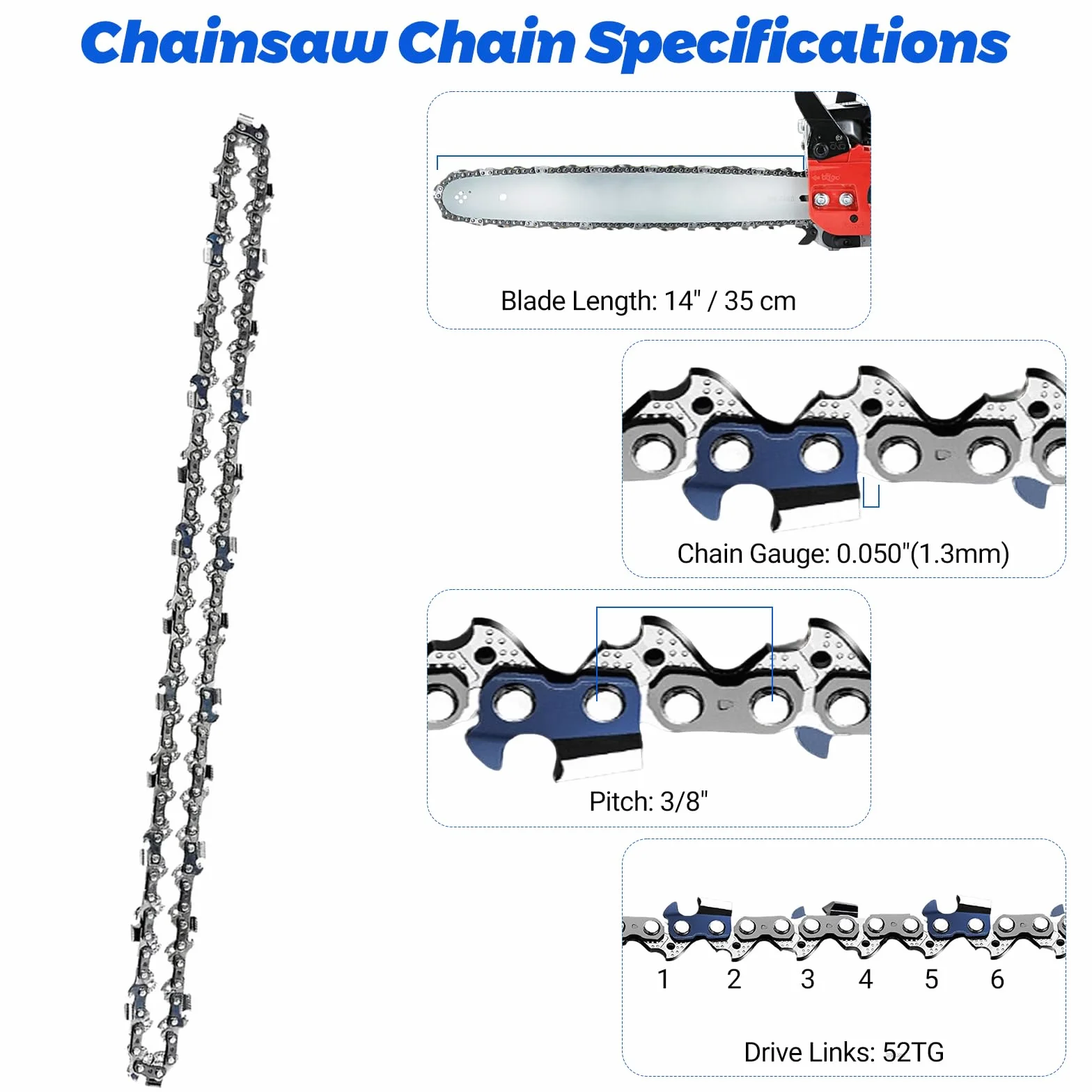 Zestaw 4 łańcuchów do piły 3/8" 1,3 mm 52 TG 35 cm, kompatybilne z AKE 35 S, DUC353