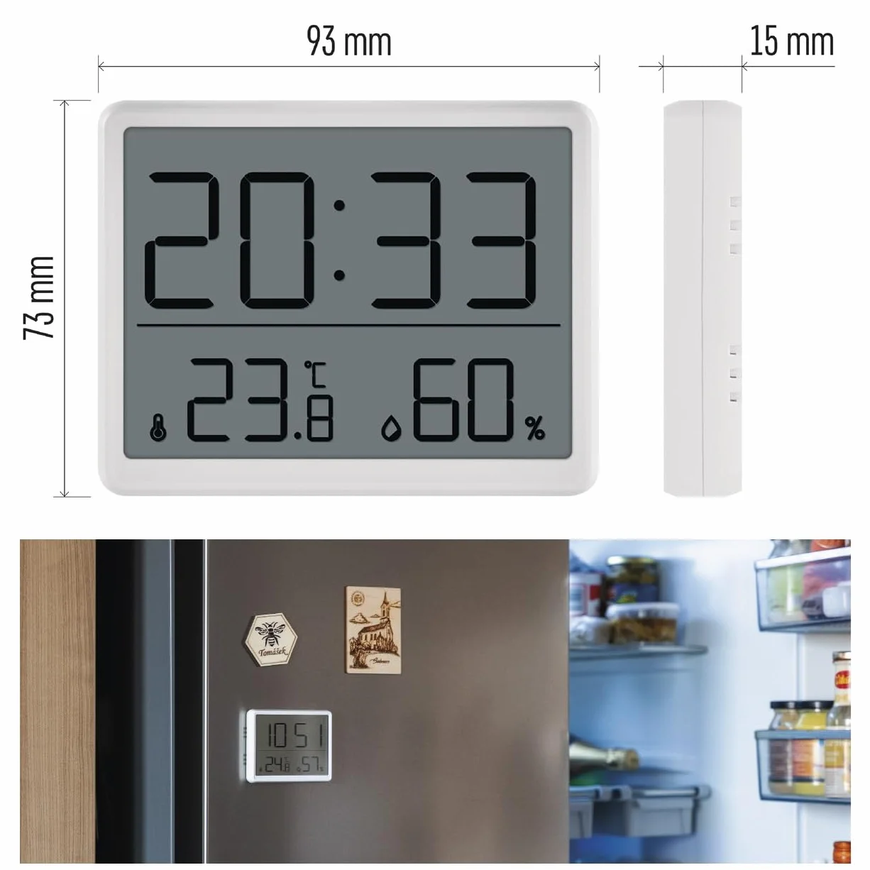 EMOS Cyfrowy termometr pokojowy i higrometr z zegarem LCD, uchwyt magnetyczny, wyświetlacz min/max, data, budzik