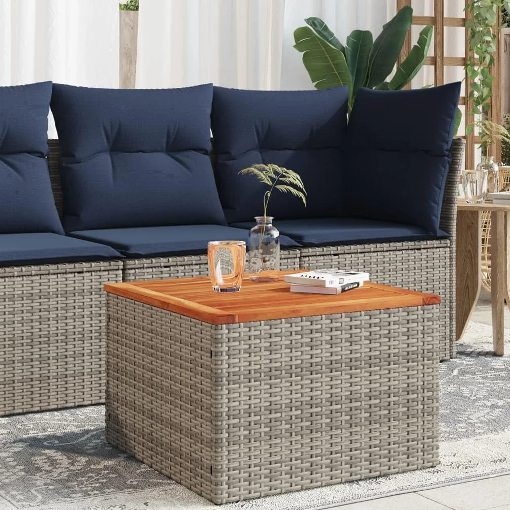vidaXL Stół ogrodowy, szary, 55x55x37 cm, rattan PE i drewno akacjowe, stolik ogrodowy, stolik do ogrodu, stolik kawowy na zewnątrz