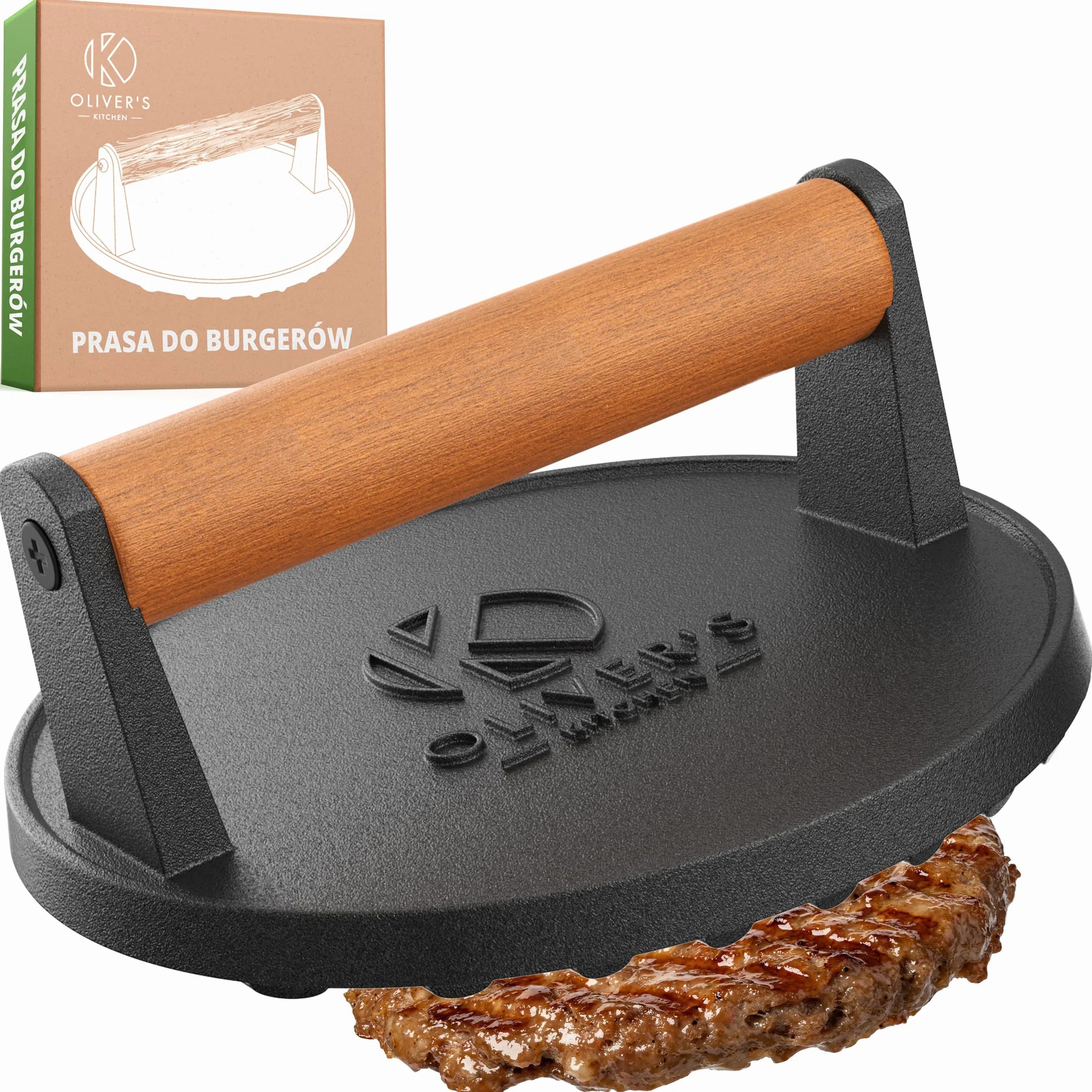 Oliver's Kitchen ® Prasa do Burgerów - Wysokiej Jakości, Wytrzymała, Żeliwna Praska do Hamburgerów - Ręczna Prasa do Mięsa z Wygodnym Uchwytem i Nieprzywierającą Powłoką - Idealne Domowe Burgery