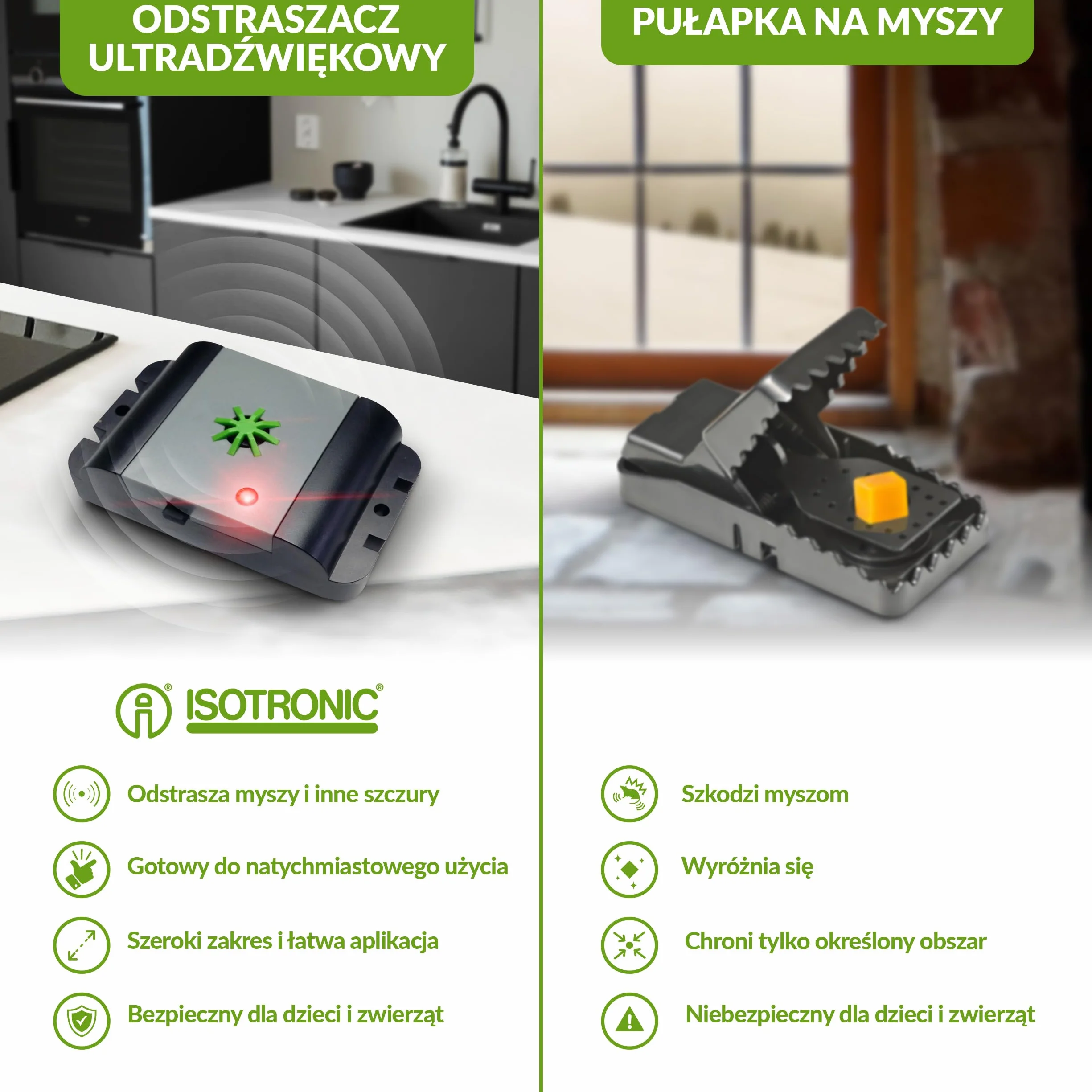 ISOTRONIC Odstraszacz myszy i szczurów z ultradźwiękami, elektroniczny odstraszacz szkodników do domu