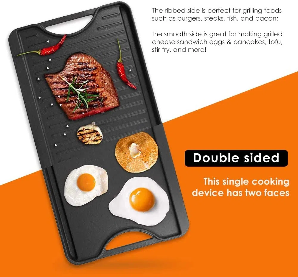 GFTIME Żeliwna płyta grillowa, dwustronna, do piekarnika, kuchenki i grilla, żeliwny grill kuchenny i patelnia grillowa 2 w 1, 50,8 x 26,5 cm