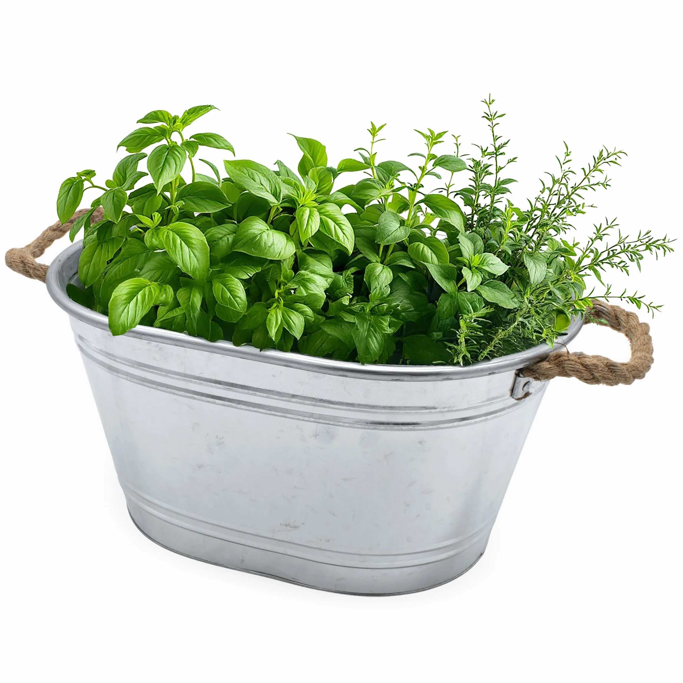 Wanna cynkowa, owalna donica na kwiaty, z uchwytami z naturalnego sznurka – 43 x 30 cm – metalowa wanna, doniczka na rośliny, mała, srebrna, ocynkowana – dekoracyjna wanna, doniczka na kwiaty, donica