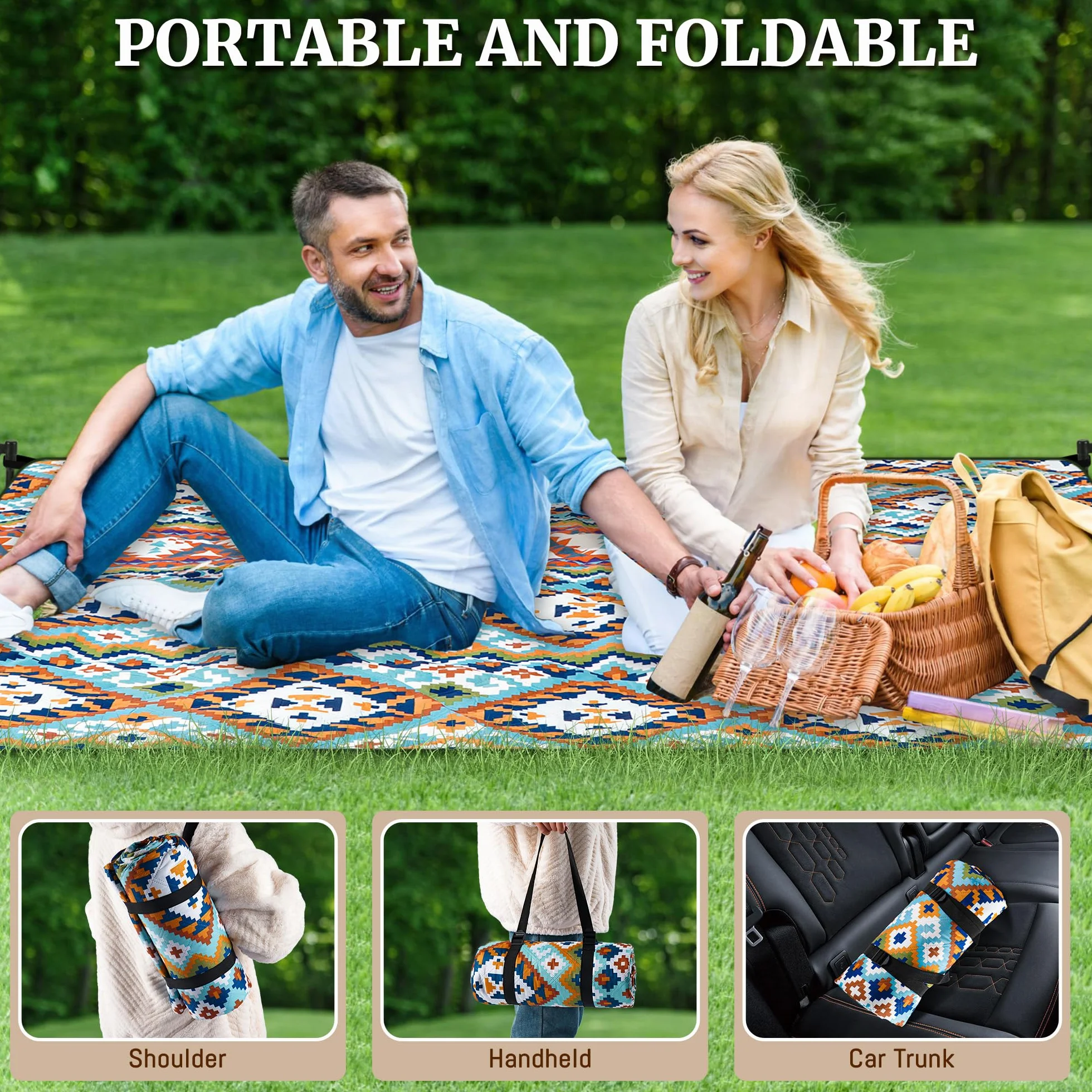 Gucass Boho Koc piknikowy 200x200 cm, Składany Mata Piknikowa - wodoodporny, piaskoodporny, koc outdoorowy dla całej rodziny na na kemping, podróż, do parku, na plażę, do ogrodu