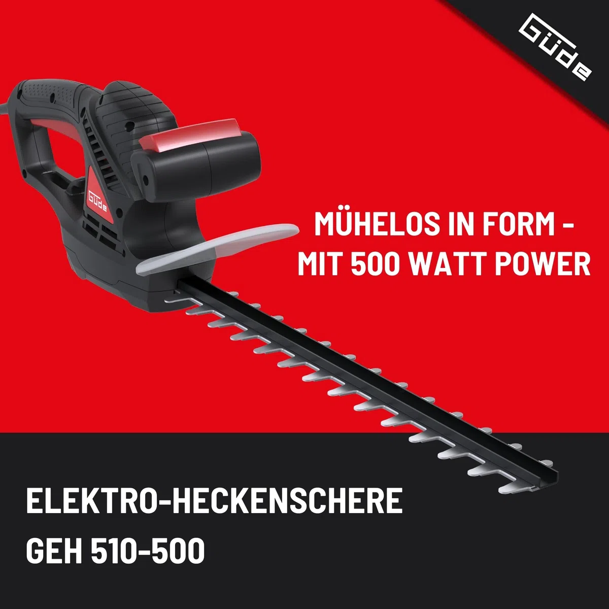 Güde GEH 510-500 elektryczne nożyce do żywopłotu, 230 V, moc silnika 500 W, długość cięcia 45,7 cm, grubość cięcia 1,6 cm, elektryczny hamulec szybkiego zatrzymania, ergonomiczny design