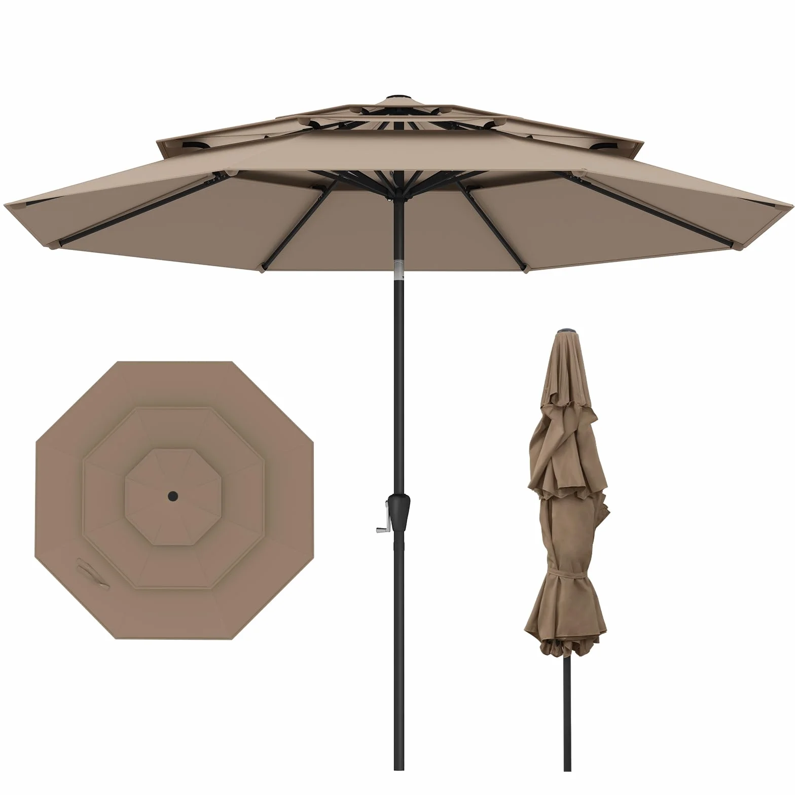 COSTWAY 3-poziomowy parasol przeciwsłoneczny, 300 cm, odporny na wiatr, stabilny, parasol tarasowy z korbą, obustronnie zginany o 30°, parasol balkonowy, wentylowany, do ogrodu, na balkon