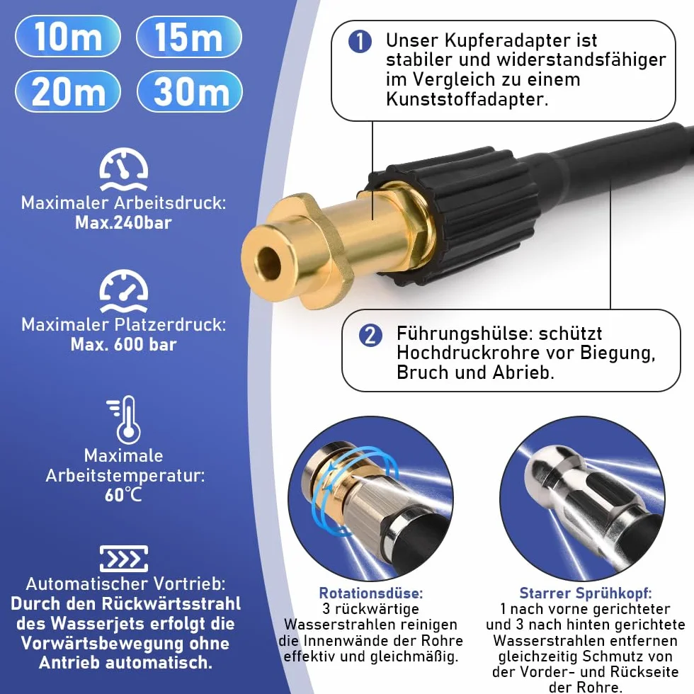 Wąż do czyszczenia rur 10 m, z adapterem M22, dysze sztywne + obrotowe, 240 bar, 60 °C, zestaw do czyszczenia rur odpowiedni do Kränzle Kärcher K2-K7, do myjki wysokociśnieniowej
