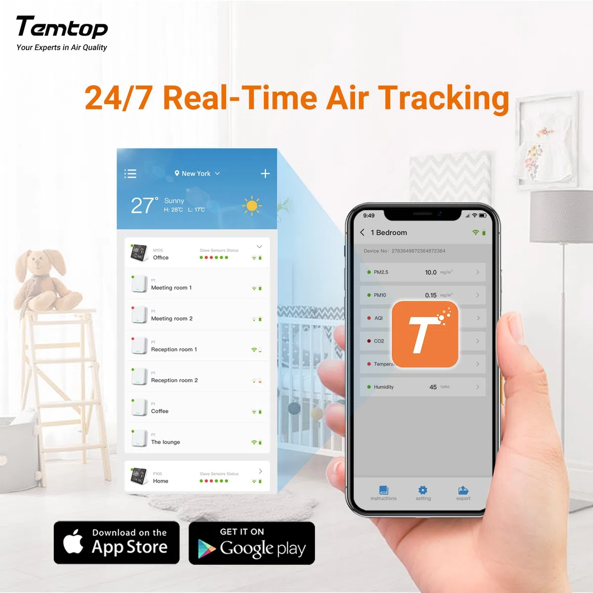 Temtop M100-UP Stacja pomiarowa jakości powietrza, 2.4G WLAN Bluetooth termometr z aplikacją, 8-w-1 urządzenie do pomiaru jakości powietrza (PM2.5/CO2/Temperatura/Wilgotność)