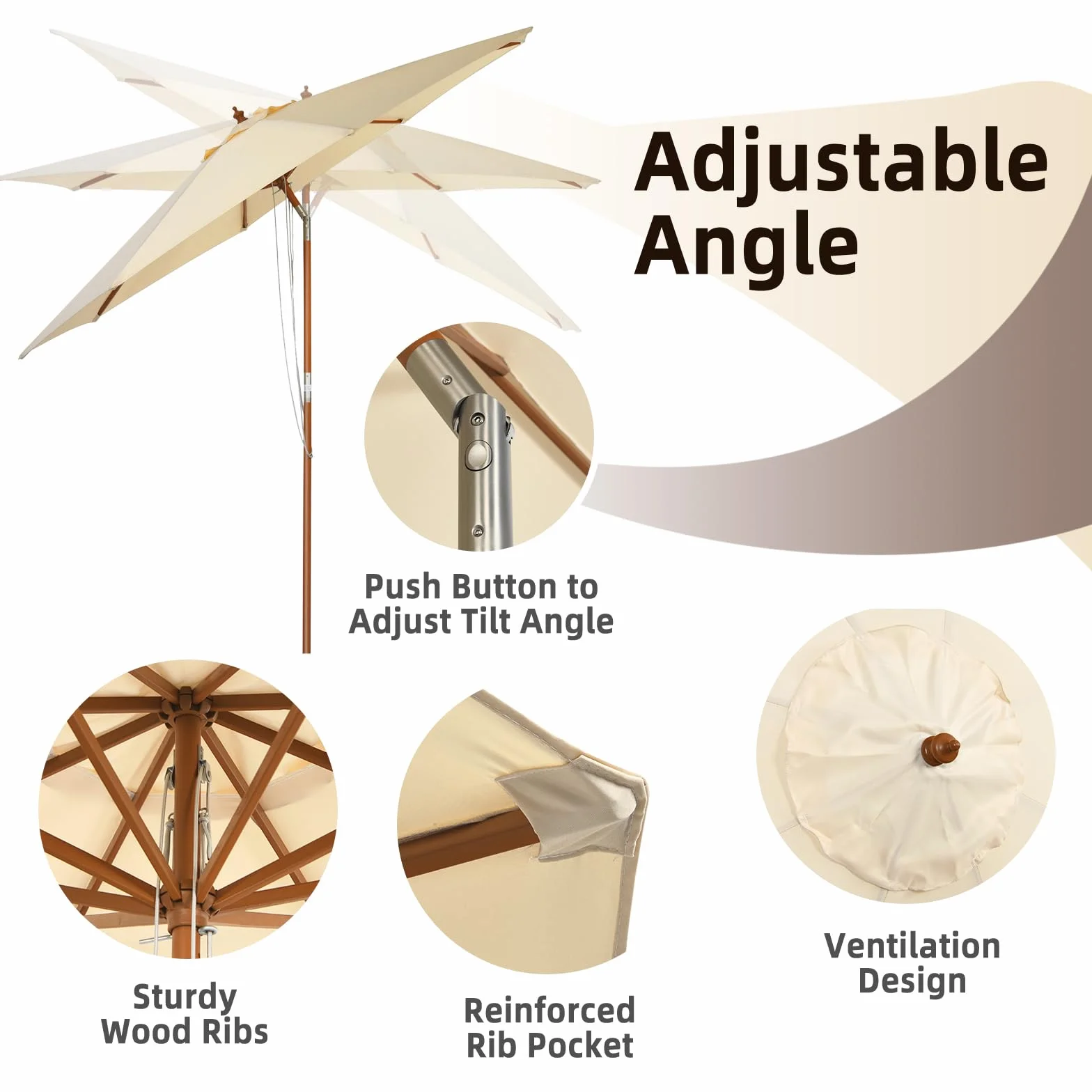 KOMFOTTEU Parasol przeciwsłoneczny, składany, 270/300 cm, z drewna, parasol targowy z 8 podpórkami, parasol tarasowy, możliwość przechylania, do ogrodu, na plażę, balkon, beżowy
