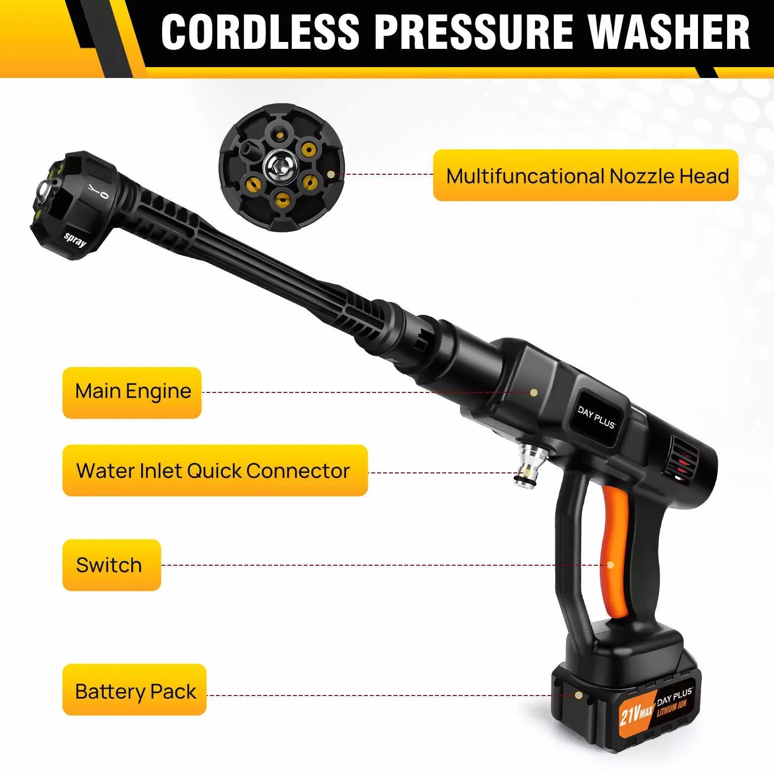 Bezprzewodowy pistolet na wodę 6in1 21 V 300 barów/3000 PSI z 2 bateriami 3,0 ah, wąż 5 metrów