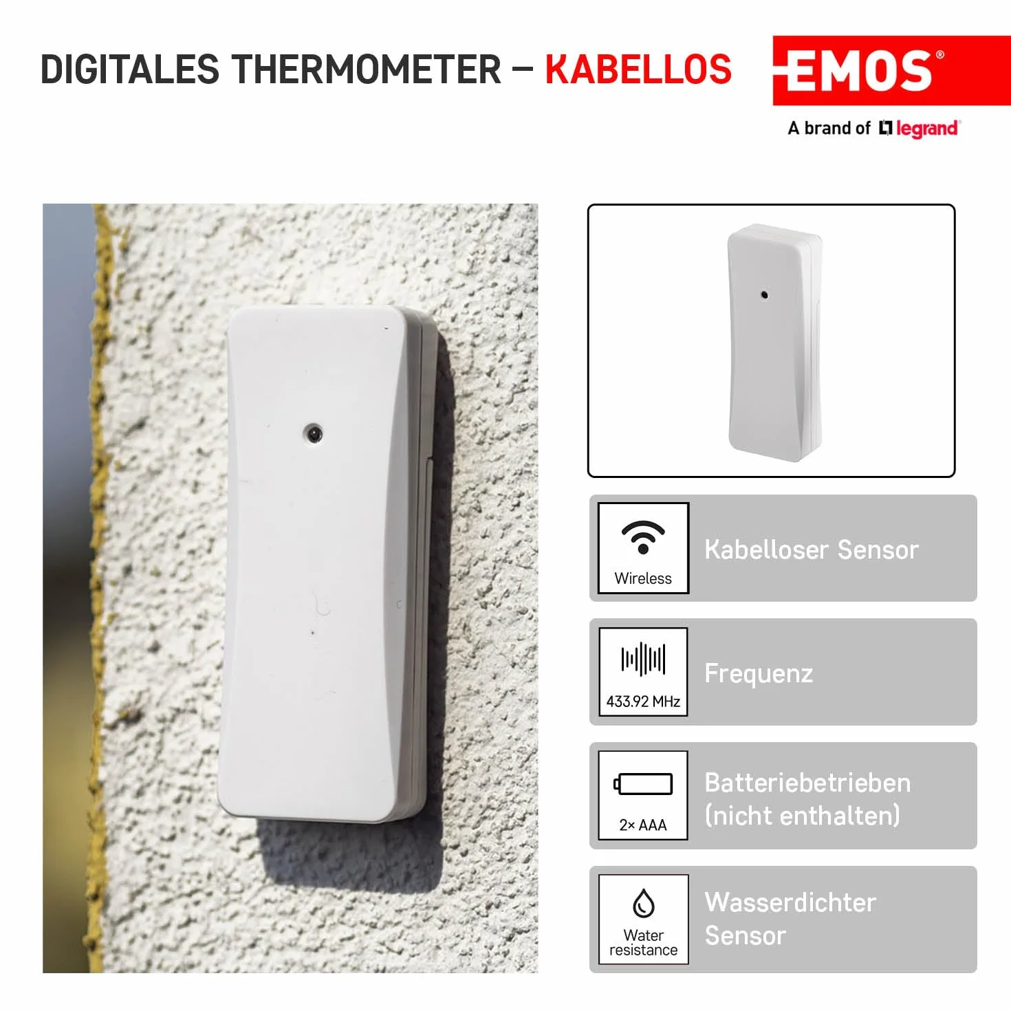 EMOS E0129 cyfrowy termometr z czujnikiem zewnętrznym, temperatura zewnętrzna i temperatura wewnętrzna, z bezprzewodowym czujnikiem radiowym, zasięg 80 m, funkcja pamięci