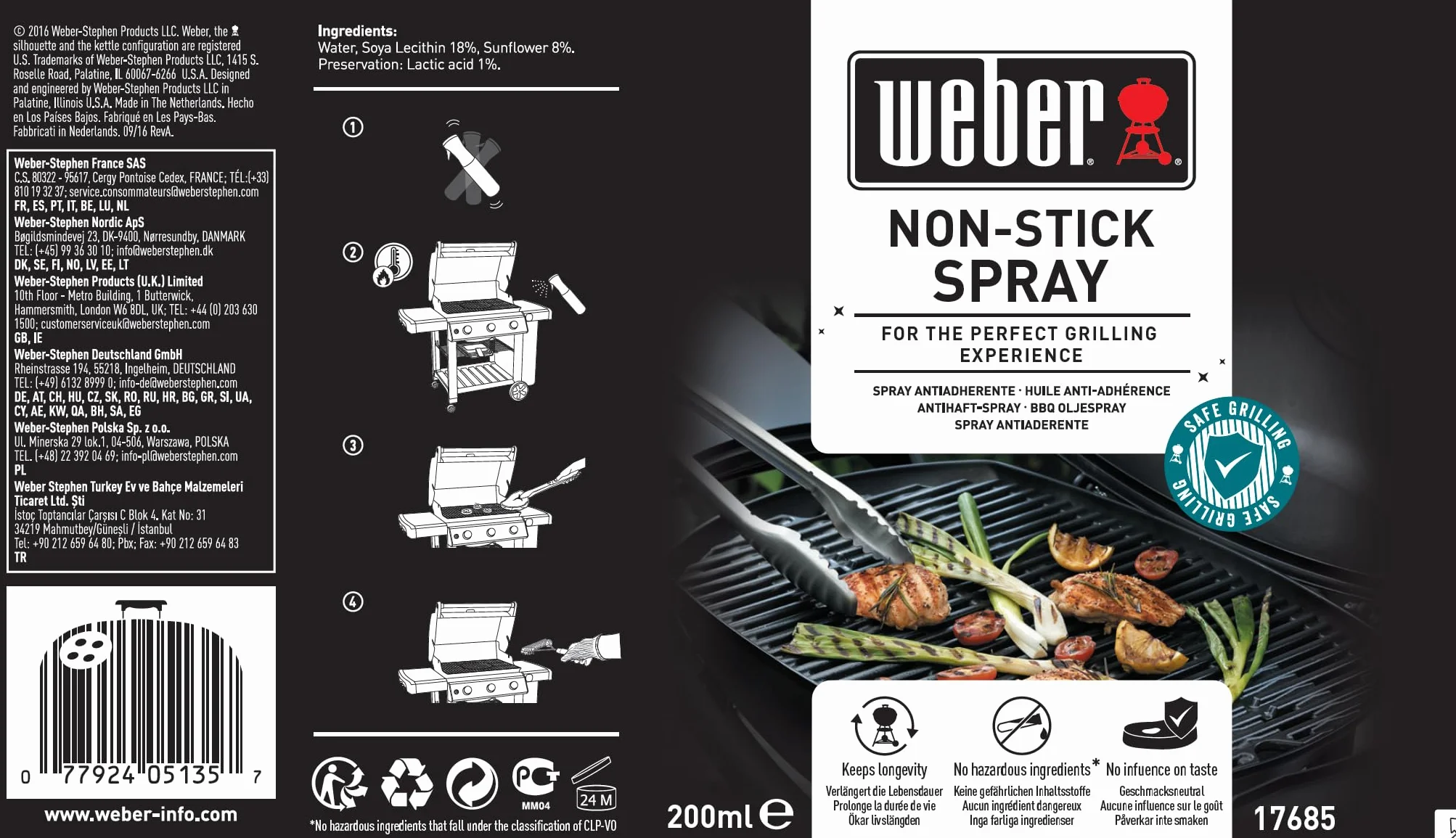 Weber Spray zapobiegający przywieraniu 200ml, Spray Nieprzywierający do Rusztu Grillowego, 100% Naturalne Składniki, do Natłuszczania Rusztu Grillowego (17685)