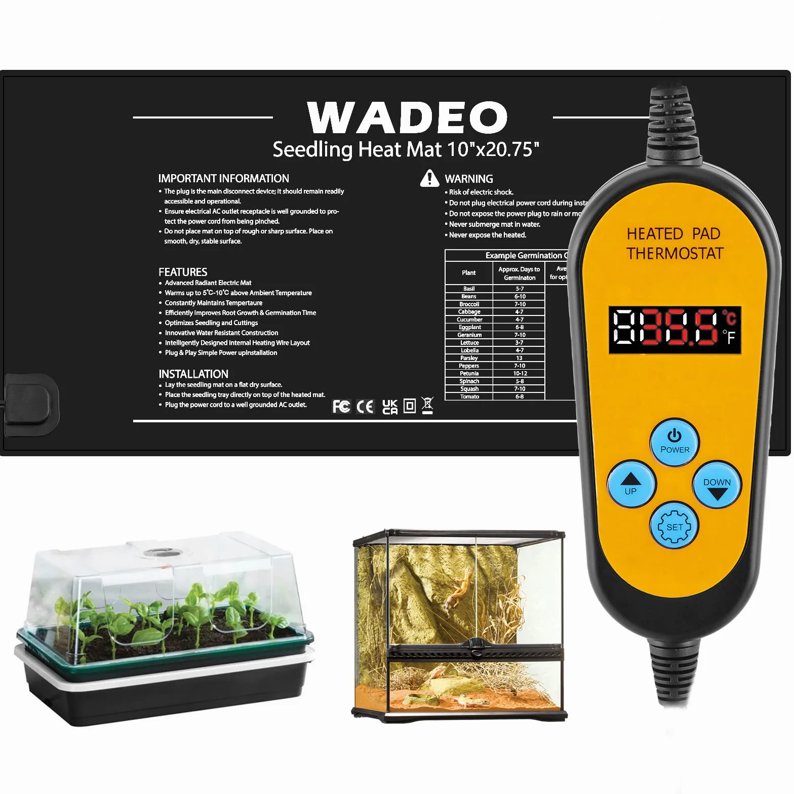 WADEO Mata grzewcza dla roślin 52 x 25 cm, mata grzewcza dla sadzonek z termostatem od 5°C do 45°C, wodoszczelna mata grzewcza do szklarni, mata grzewcza do kiełkowania sadzonek