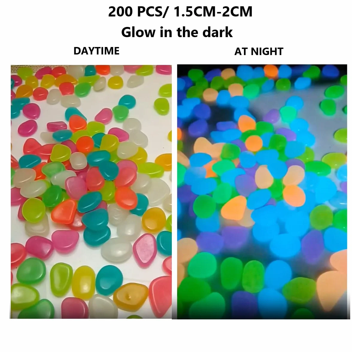 200 kolorowych kamień, duże kamyki, świecące kamienie, z żywicy, świecące w nocy, do akwarium, ogrodu, dekoracyjne, 1,5-2 cm