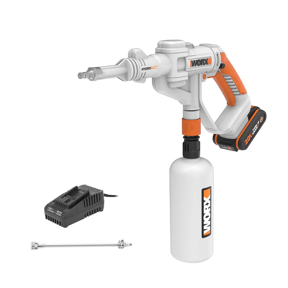WORX WP650E Hydroshot akumulatorowy opryskiwacz ciśnieniowy 20 V z delikatną mgiełką i zbiornikiem na butelkę o pojemności 1 l – w zestawie akumulator 2 Ah i szybka ładowarka – kompatybilny z