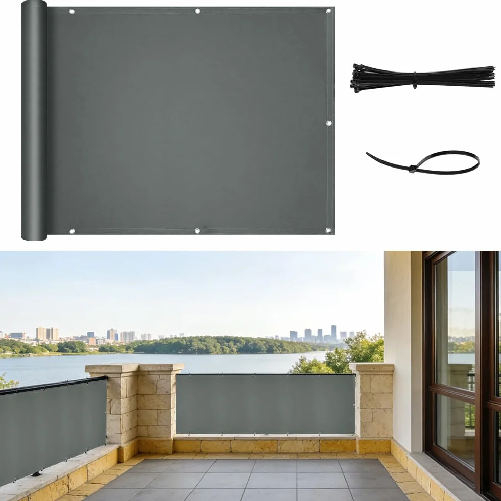 Osłona balkonowa z oczkami i opaskami kablowymi, 160 g/㎡, nieprzejrzysta ochrona prywatności, ochrona przed promieniowaniem UV, odporna na warunki atmosferyczne, 90 x 500 cm, ciemnoszara