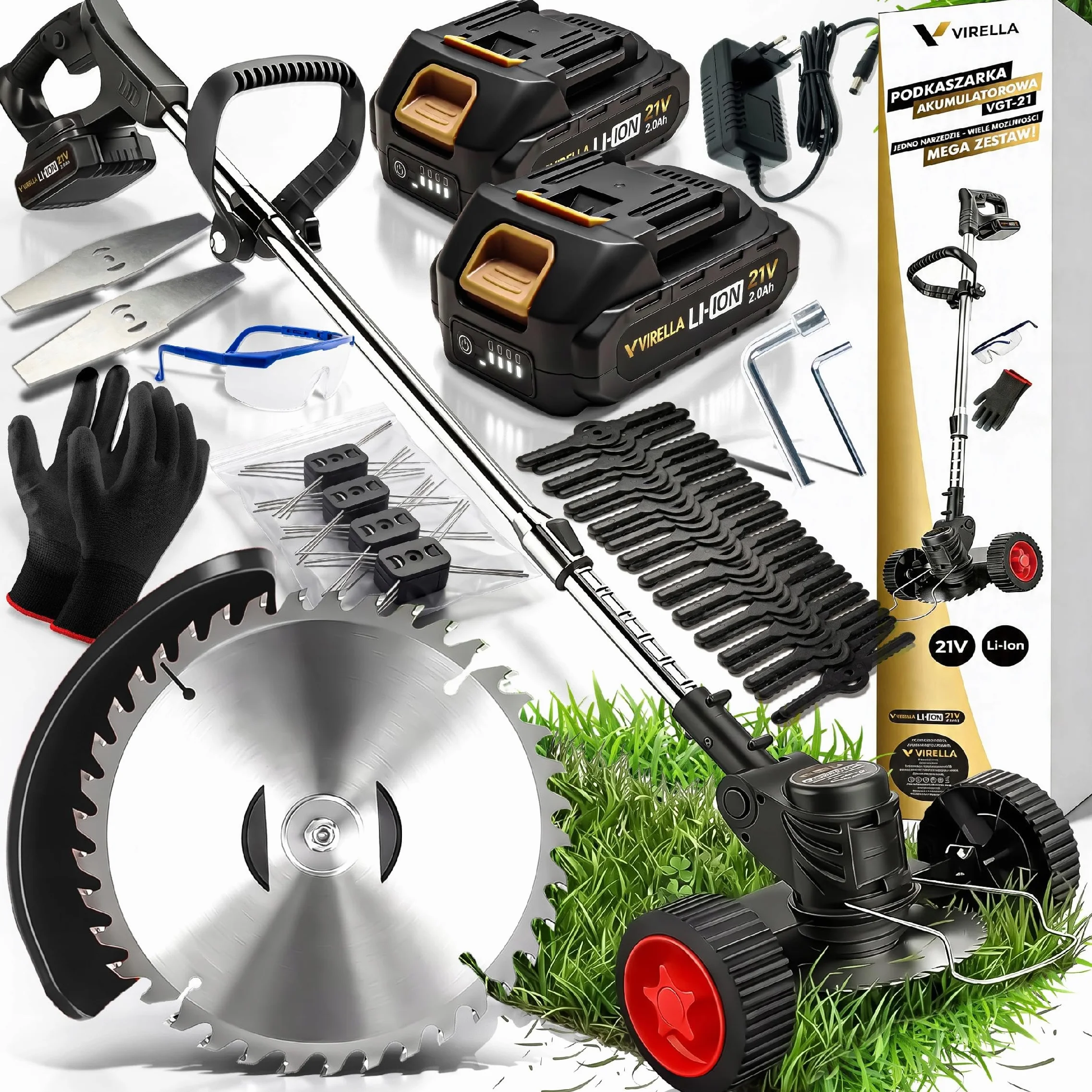 Podkaszarka Akumulatorowa 2x21V 2Ah 1000W 9000 RPM Regulowana Zestaw 53w1 Do Ogrodu