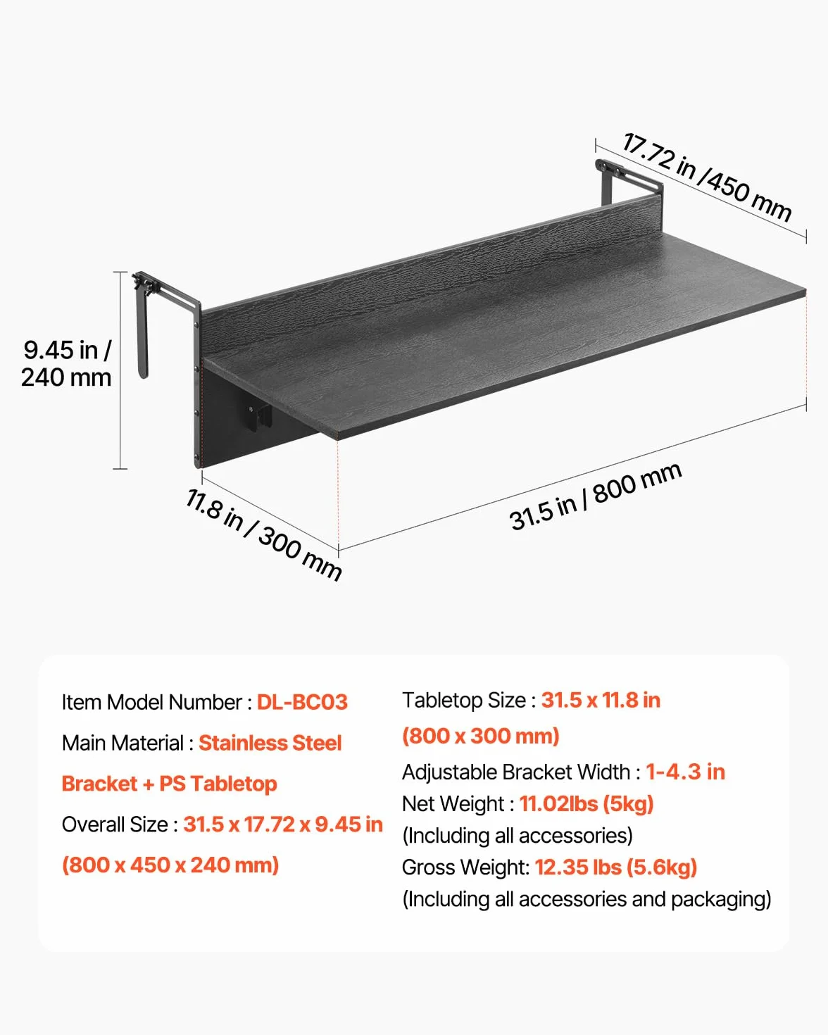 VEVOR Wiszący stół balkonowy, 30 x 81 cm, składany stół balkonowy, obciążenie 22,7 kg, pasuje do balustrady od 2,5 cm do 15 cm, do serwowania na patio i taras
