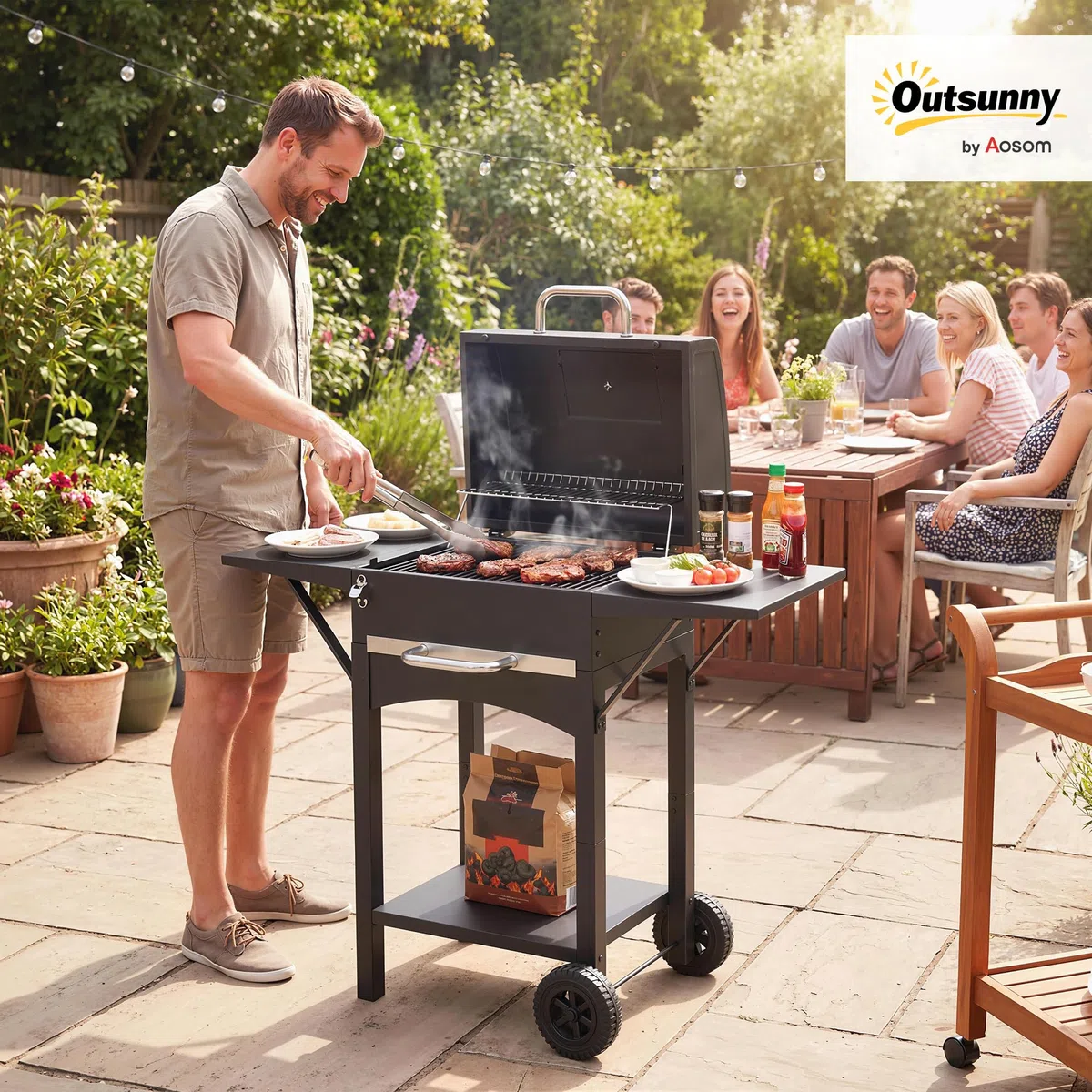 Outsunny grill węglowy z pokrywą, BBQ Smoker z 2 bocznymi stolikami, dużą powierzchnią grillową, rusztem, termometrem i kółkami, wózek grillowy 110 x 46,5 x 101 cm, czarny