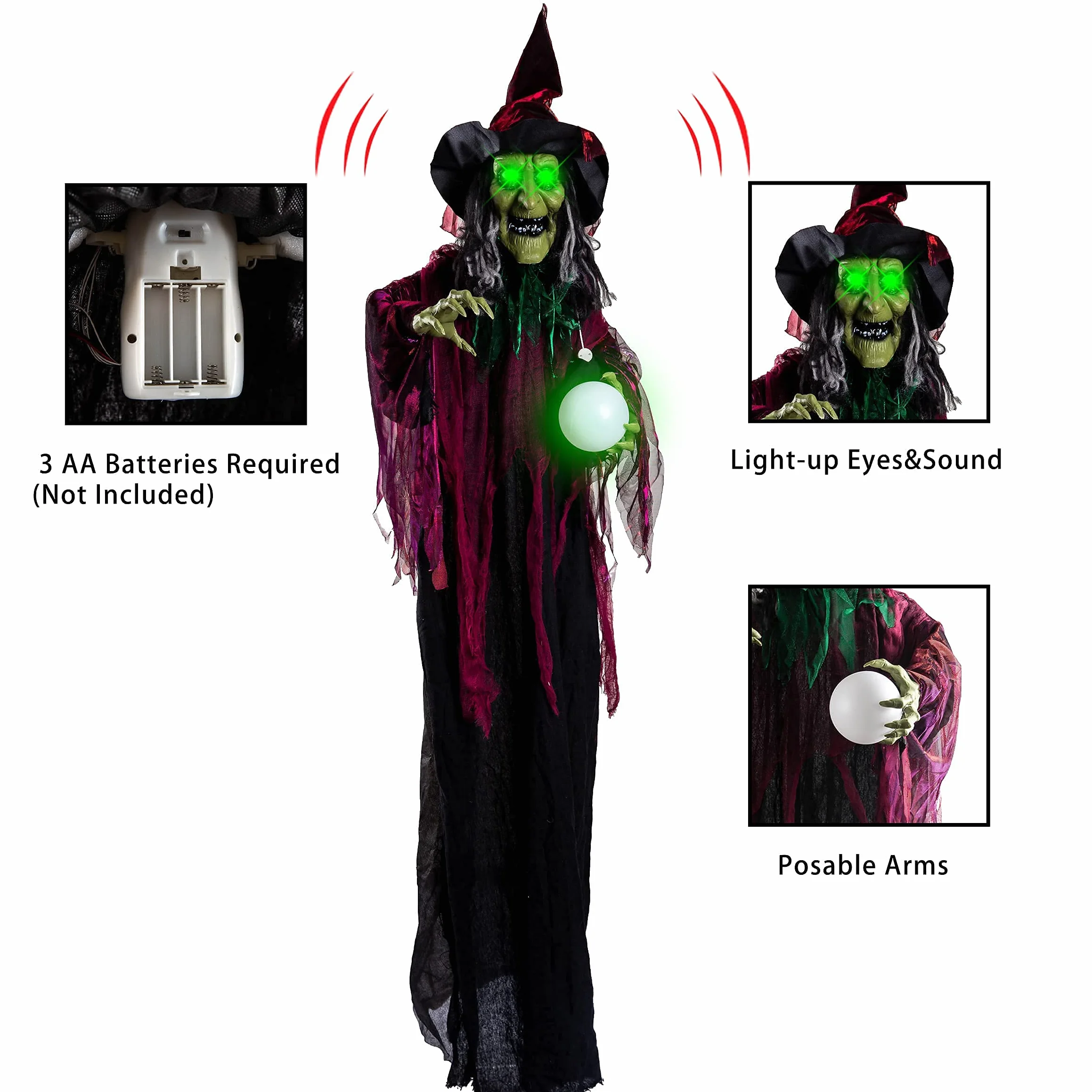 JOYIN Wisząca Dekoracja Czarownicy na Halloween - Animowana Przerażająca Czarownica z Oczami LED i Dźwiękiem, Dekoracja na Zewnątrz, Trawnik, Podwórko, Patio