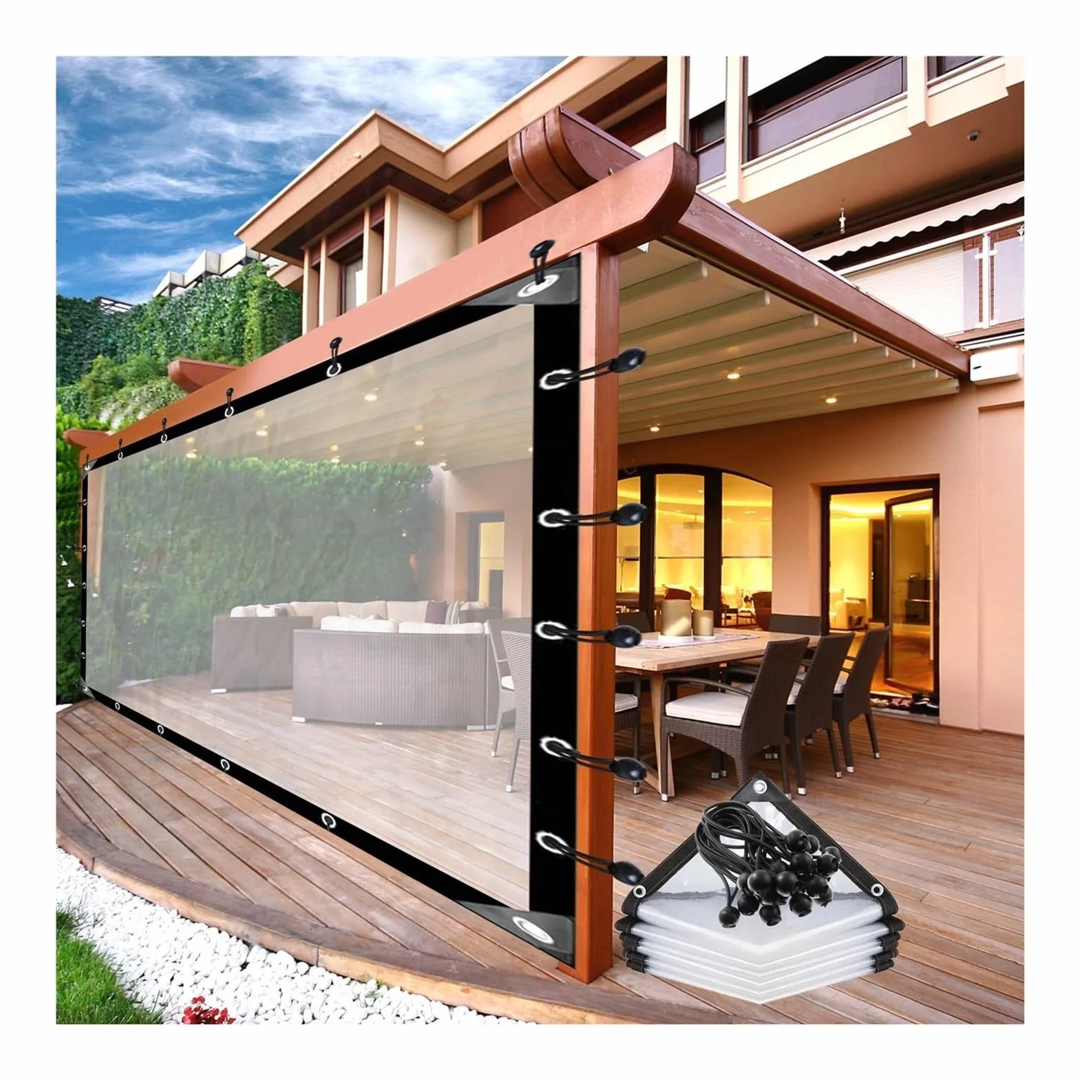 Zewnętrzne Przezroczyste Zasłony Pergola Wodoodporne Panele Boczne Z Oczkami Przezroczysta Plandeka Z Tworzywa Sztucznego, Do Altany, Ogrodów, Konfigurowalny AFGZQ (Color : CLEAR, Size : 8.2x14.76ft