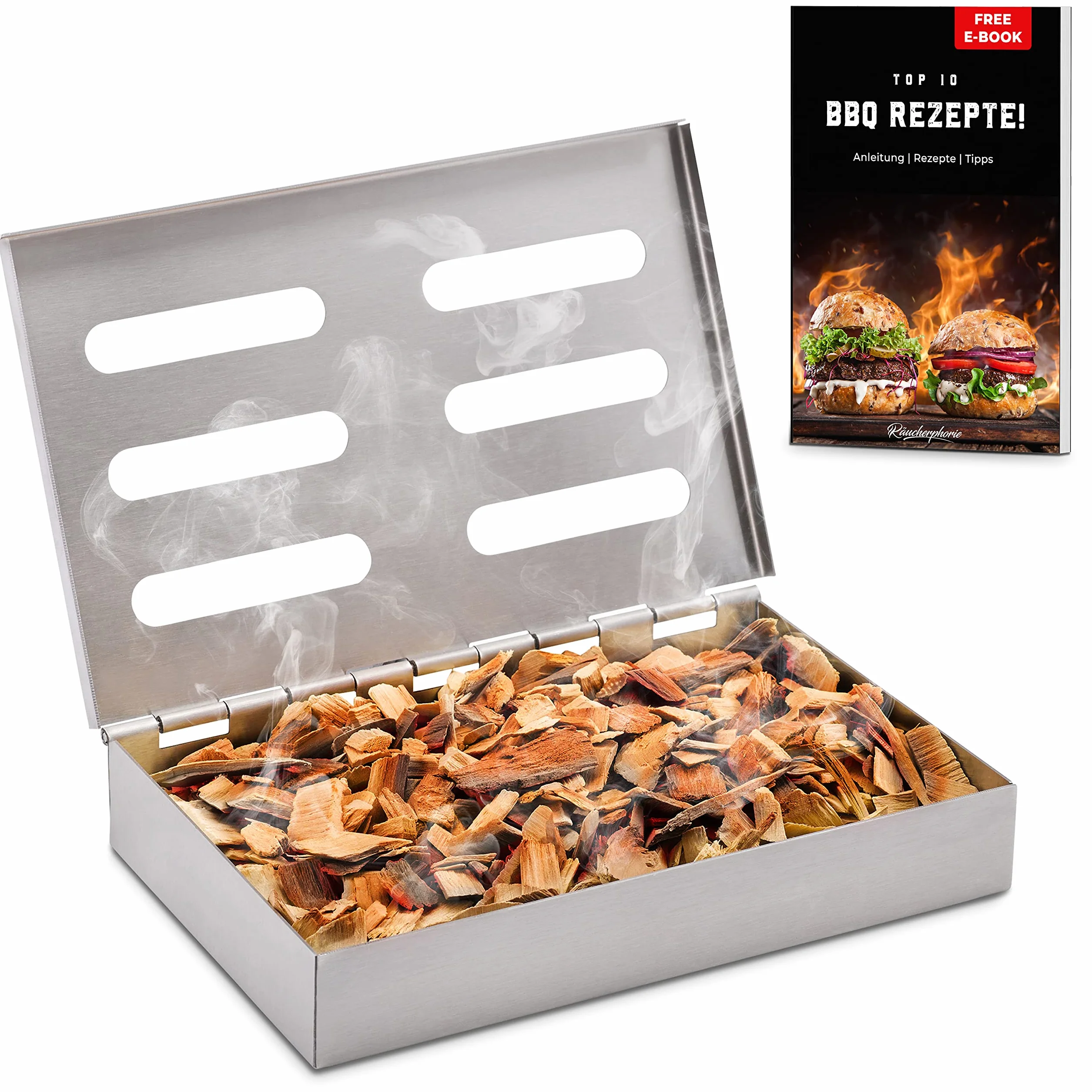 Räucherphorie® Räucherbox - Premium skrzynka wędzarnicza ze stali nierdzewnej + E-Book - Wędzarnia BBQ w wersji premium do grilla gazowego, elektrycznego lub na węgiel drzewny (RB1)