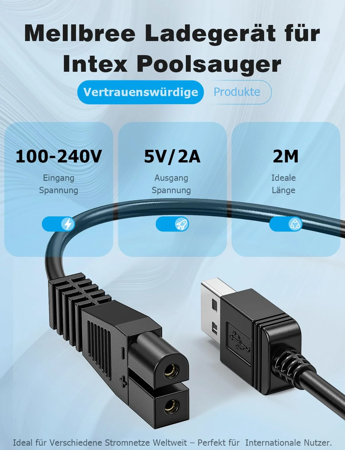 Mellbree Kabel USB 2m do ładowania odkurzacza basenowego Intex ZR100 28626 28620 NP
