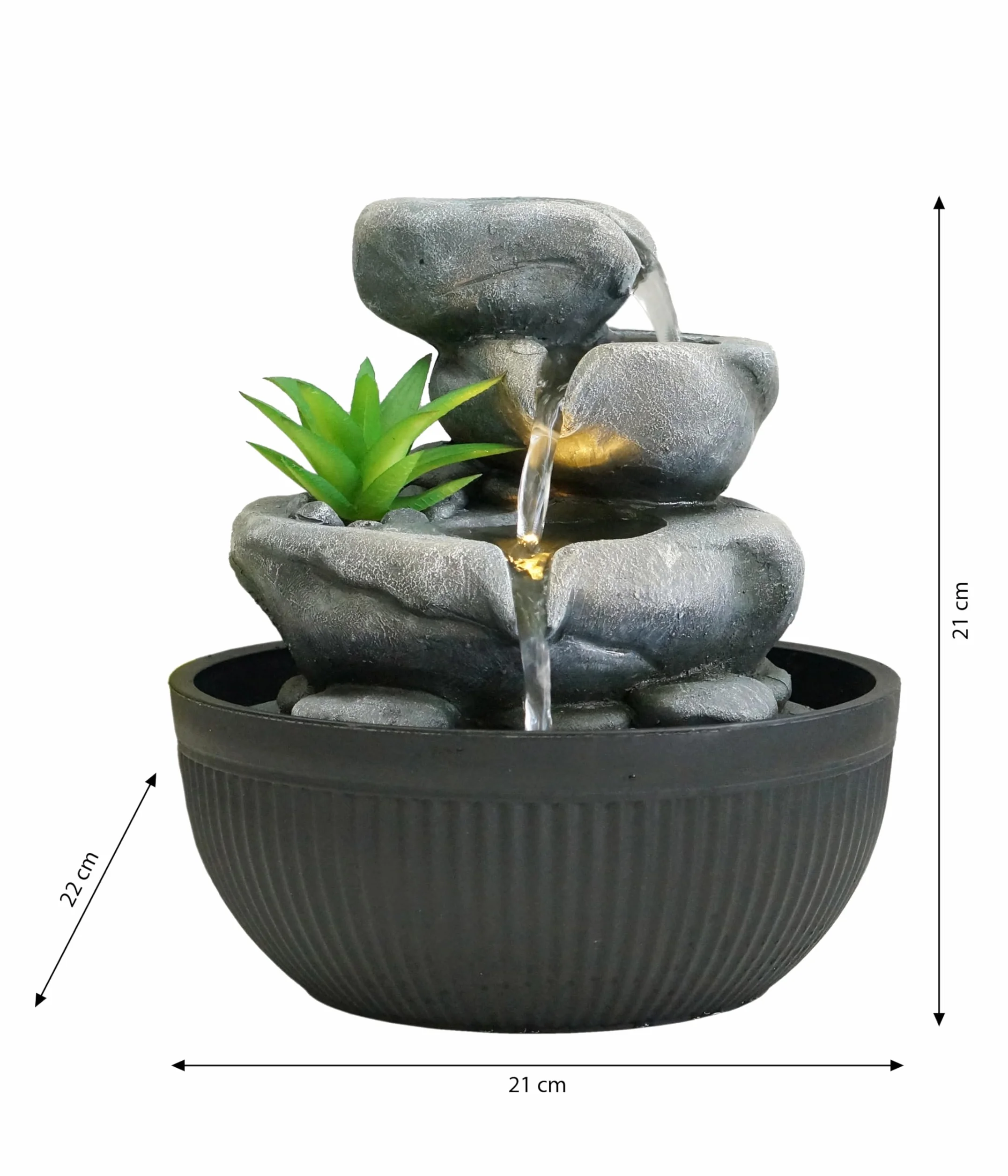 Dehner Fontanna pokojowa Lono, fontanna z oświetleniem LED, ok. Ø 21 cm, wysokość 21 cm, żywica poliestrowa, szaro-czarna
