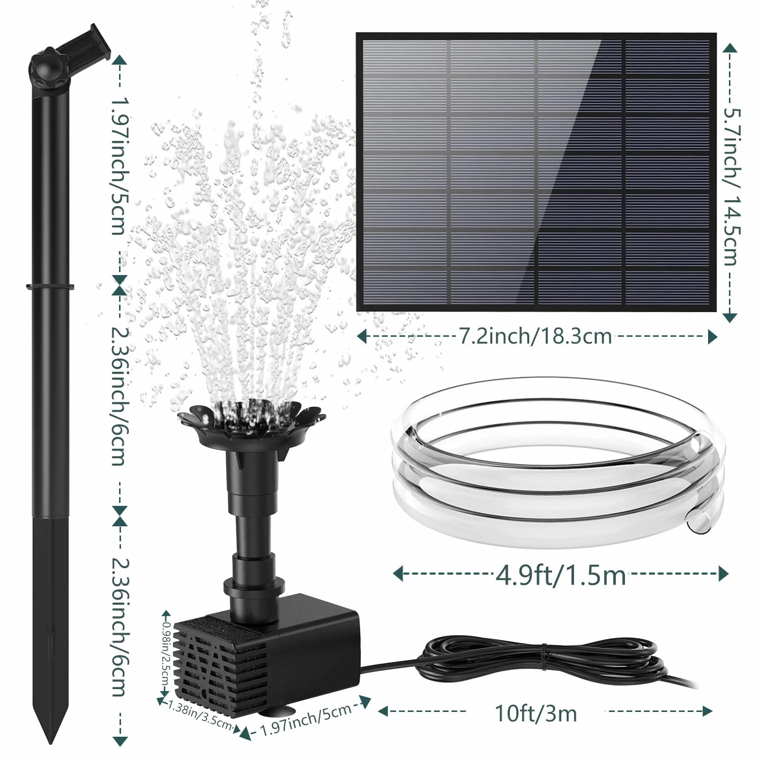 AMZtime Fontanna solarna 3,5 W "zrób to sam" z przewodem wodnym 1,5 m i słupkiem, ulepszona pompa do stawu, fontanna solarna z 17 efektami, solarna pompa wodna, fontanna do stawu ogrodowego, ptaków,