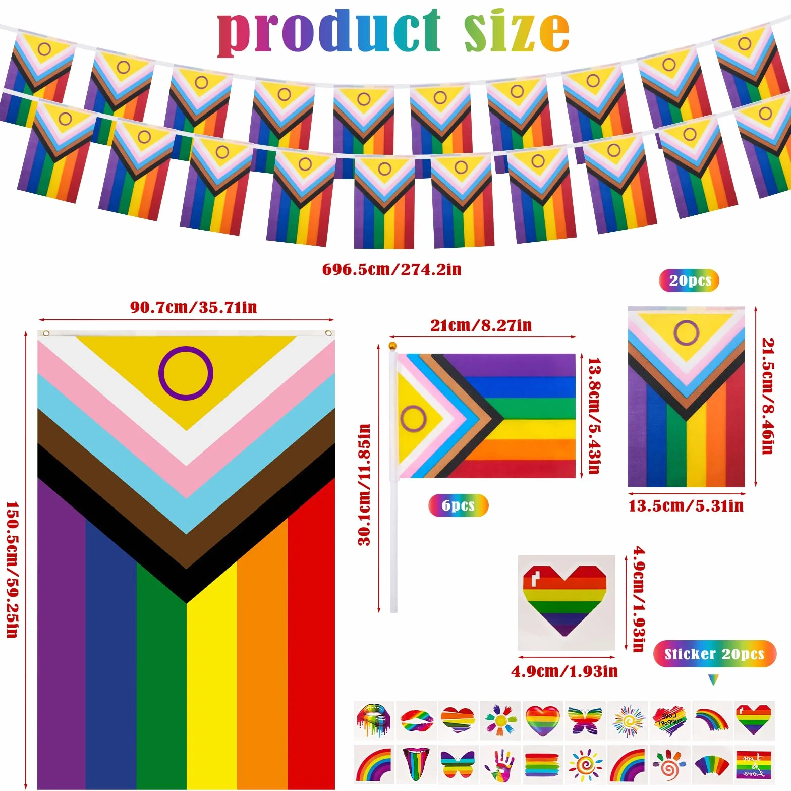 Progress Pride zestaw flag tęczowych 3x10m łańcuch chorągiewek Gay Parade dekoracja 47-częściowy