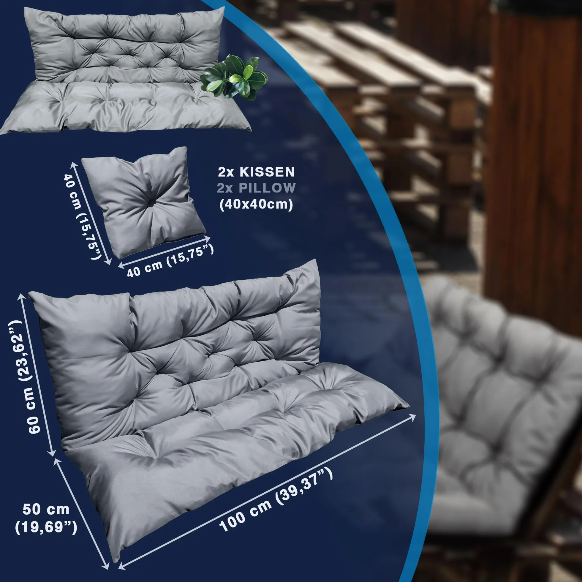Zestaw nakładek na huśtawkę Hollywood, na meble ogrodowe, poduszka na siedzisko, wodoszczelna poduszka bujana + 2 x mniejsze poduszki (kolor szary, 100 x 60 x 50 cm)