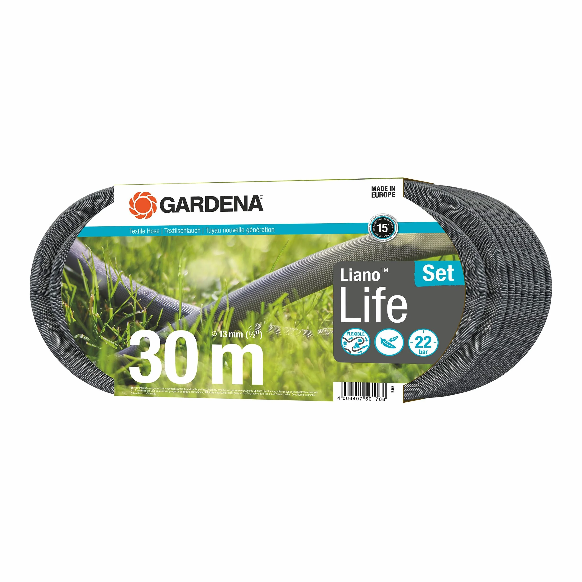 Gardena Liano Life, wąż materiałowy 1/2 cala, 30 m: Wysoko elastyczny wąż ogrodowy z tkaniny, z wężem wewnętrznym PVC, bez zginania, lekki, odporny na czynniki atmosferyczne (18457-20)