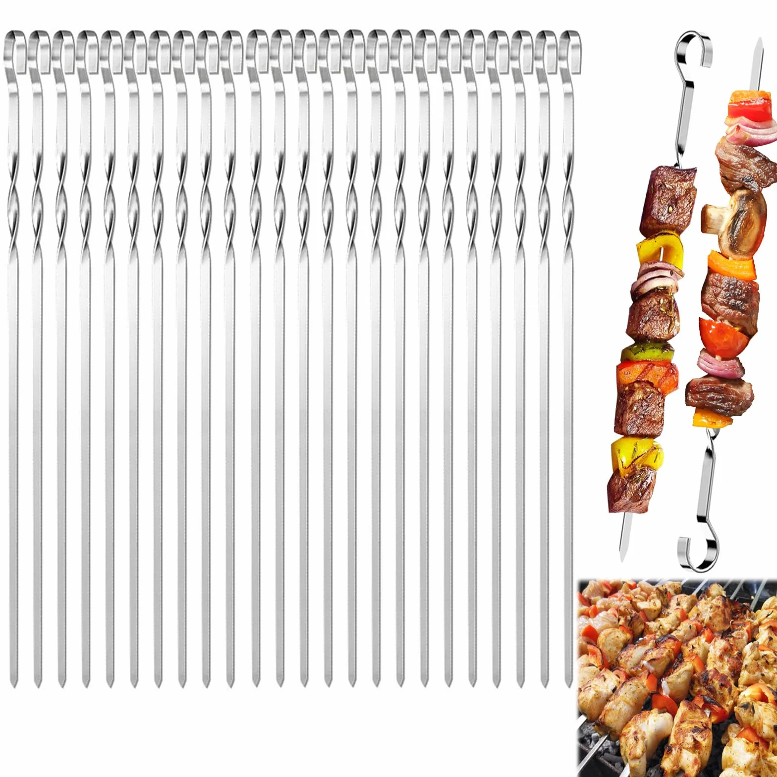 24 Szpikulce do szaszłyków ze stali nierdzewnej, rożen do grillowania wielokrotnego użytku, do mięsa i warzyw, do grilla, ogniska lub paleniska, 30 cm