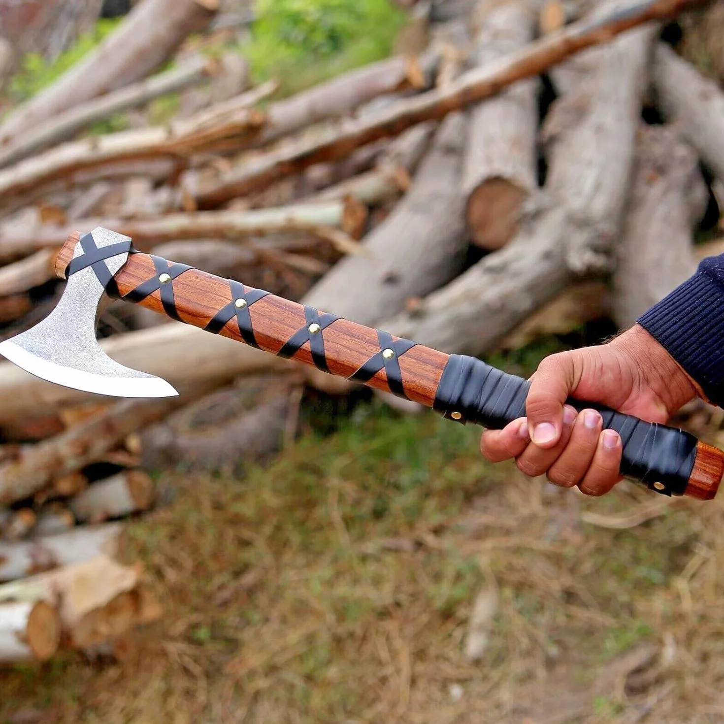 Topór Wikingów z Brodą i Skórzaną Pochwą, Siekiera Kempingowa Tomahawk