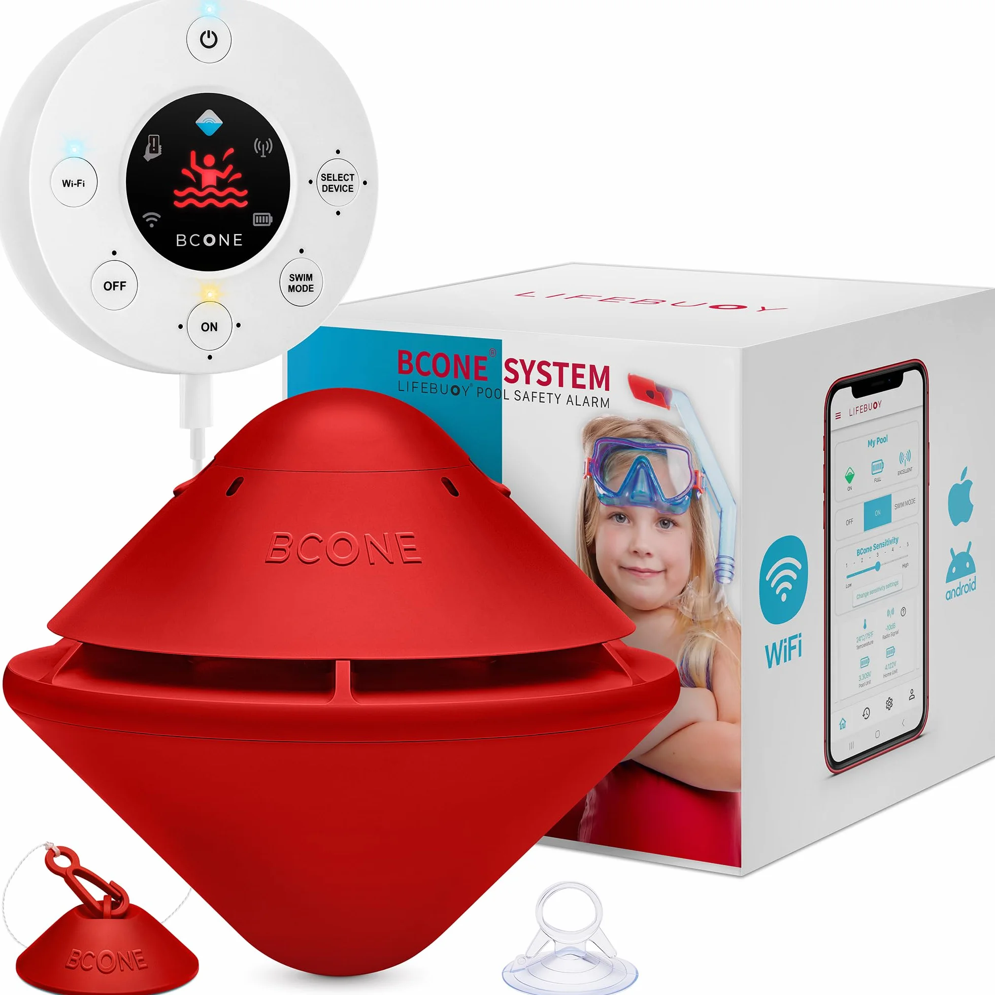 BCONE Alarm bezpieczeństwa basenu, alarm pływający z syreną i aplikacją, inteligentny system z Alexa, wykrywanie upadku w wodzie, ochrona dla dzieci i zwierząt domowych, łatwa instalacja