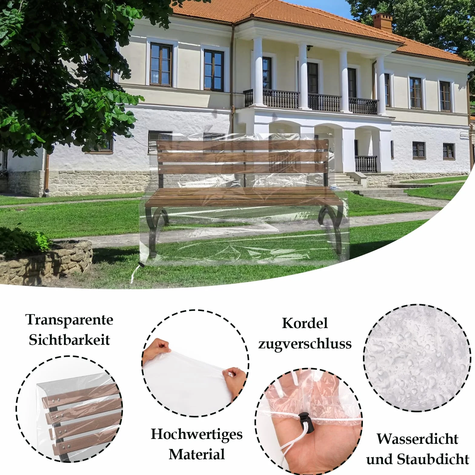 Plandeka na meble ogrodowy, 3-osobowa ławka, 160 x 80 x 75 cm, przezroczysta osłona ze sznurem ściągającym, pokrycie z PE do ochrony