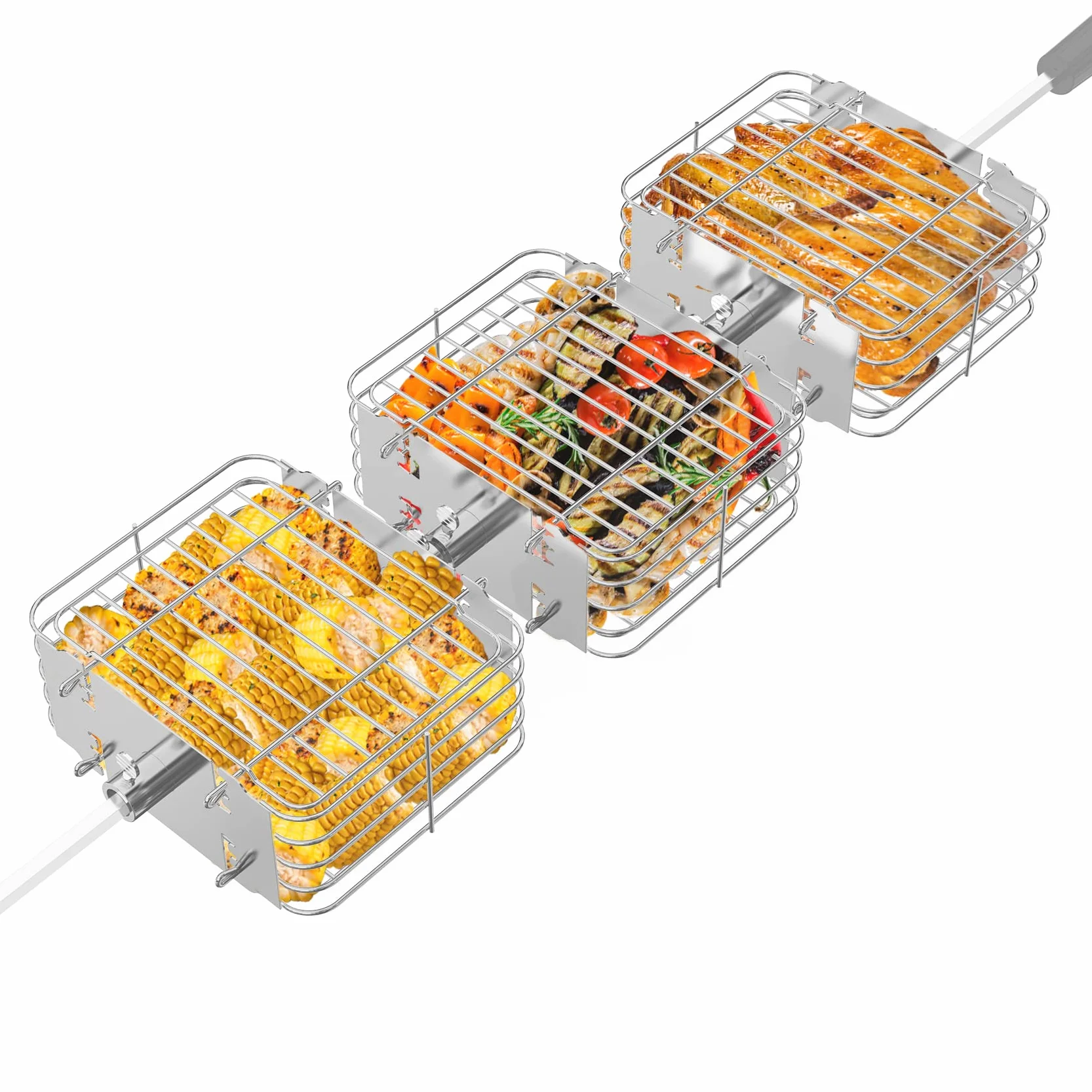 Onlyfire Zestaw 3 koszy grillowych do szaszłyków z rożna, kosz ze stali nierdzewnej do szaszłyków z rożna Płaski kosz grillowy do rożna Akcesoria do szaszłyków z rożna do skrzydełek z kurczaka