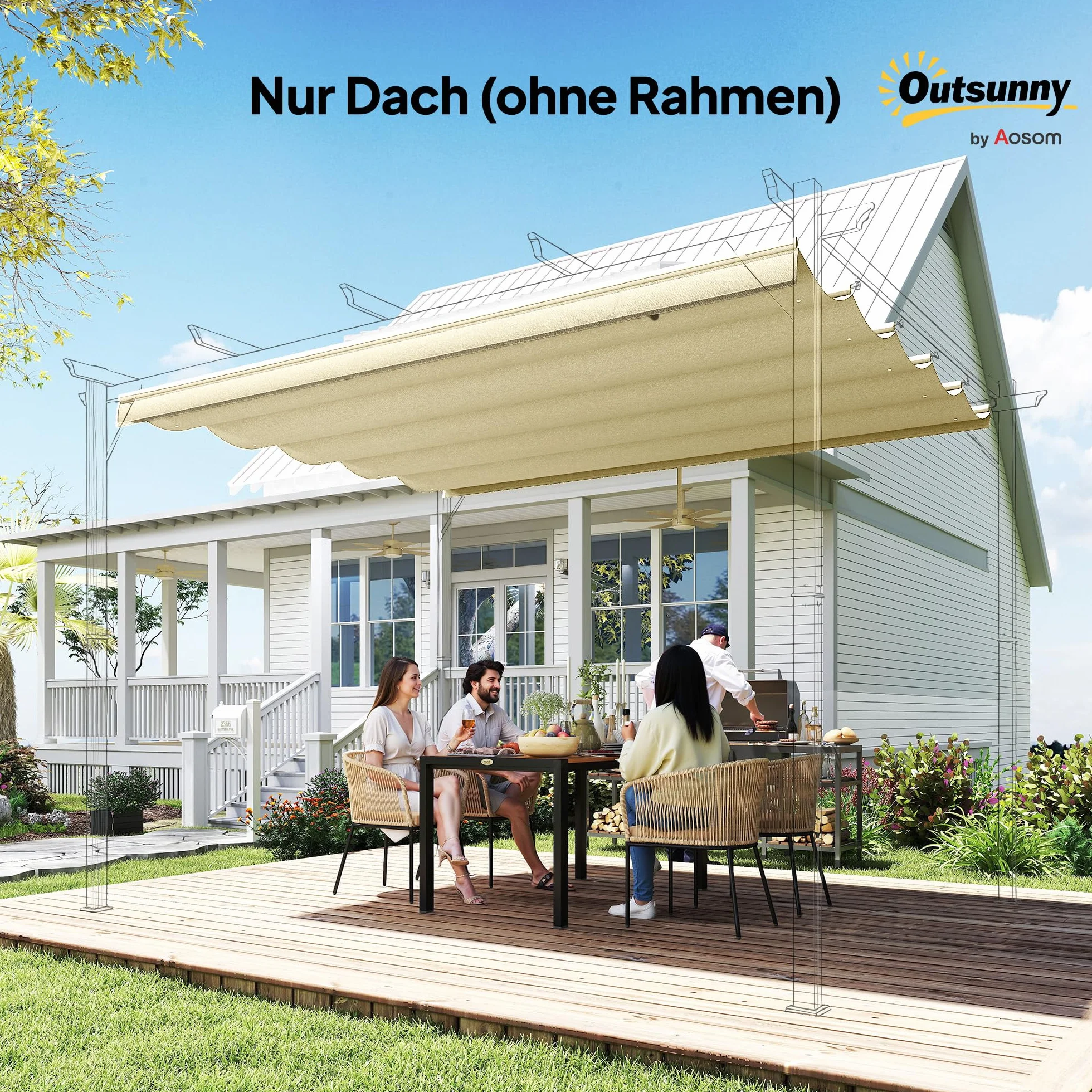 Outsunny Wymienny dach na pergolę 3 x 3 m wodoodporny zasuwany falowy 250 x 255 cm kremowy