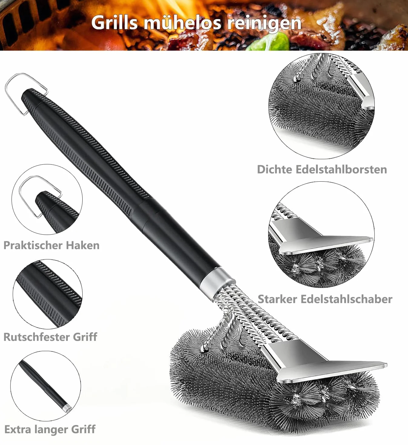 Szczotka do grilla, szczotka do czyszczenia grilla, skrobak ze stali nierdzewnej, gęste włosie ze stali nierdzewnej, bardzo długi uchwyt PP, do grilla gazowego, grilla na węgiel drzewny, kulisty,