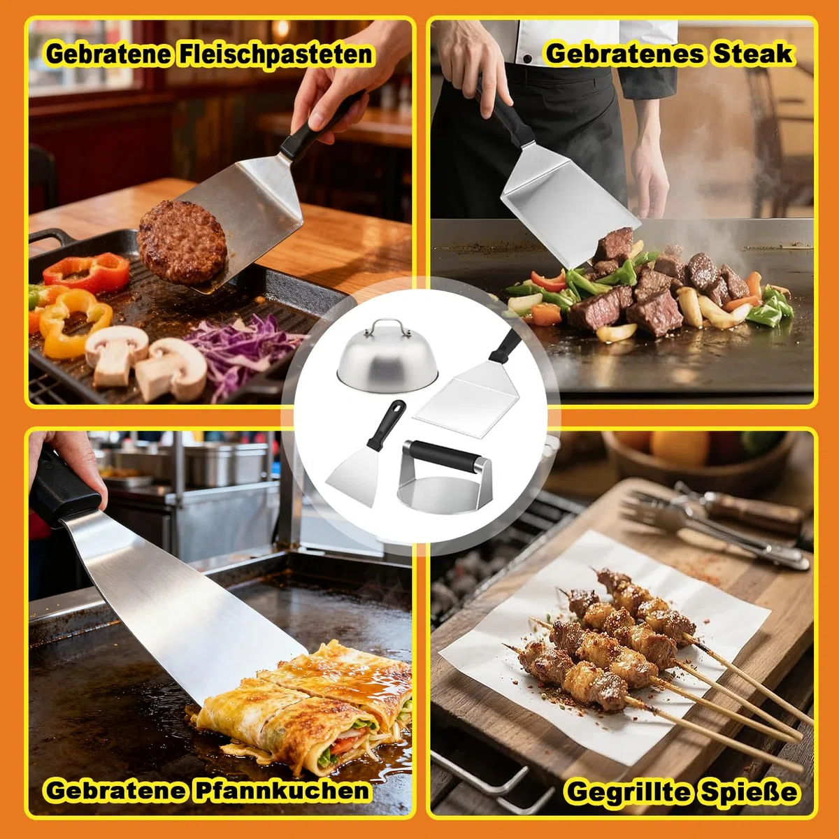 Smash zestaw do burgerów ze stali nierdzewnej, 4 zestawy do burgerów, uniwersalny zestaw pras do burgerów, z prasą do burgerów, szpachelką do grilla, łopatką do patelni i dzwonkiem do burgerów, zestaw
