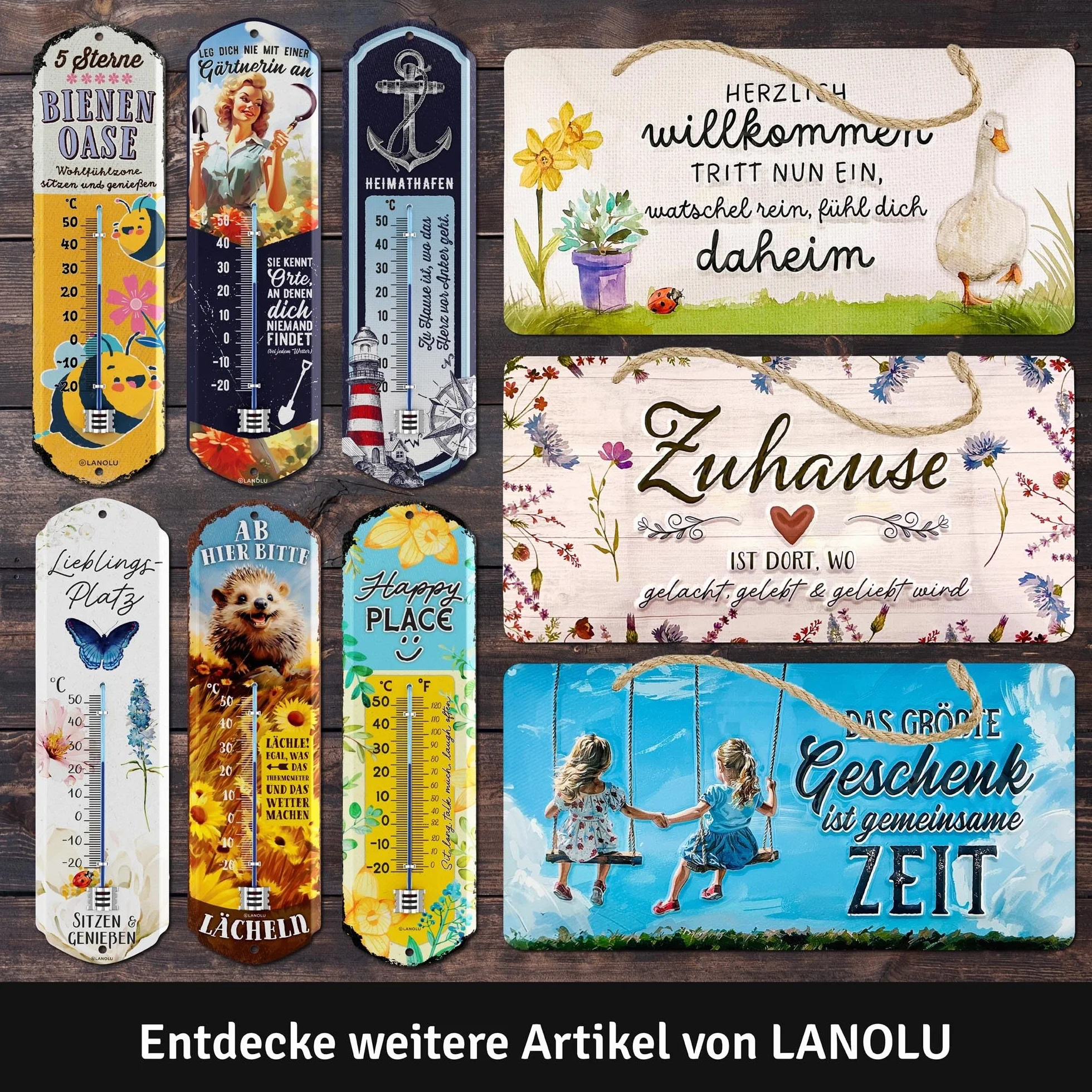 LANOLU Tabliczki blaszane w stylu retro, NAJWIĘKSZY PREZENT JEST WSPÓLNY CZAS, vintage, metalowe tabliczki z sentencjami jako dekoracja ścienna do kuchni i ogrodu - Shabby Chic dekoracja ze sznurkiem